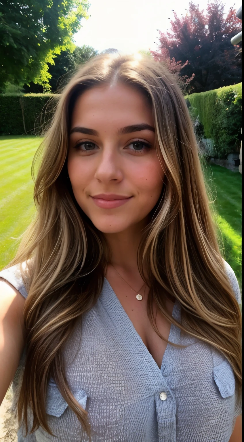 Une femme brune de 23 ans, ((gros seins)), ((hyperréalisme)) ,. blonde hair with light brown roots. cheveux blond, Cheveux aux racines brunes, very long hair, very long hair, very long hair, beau, Vue de face, Selfie, photo prise avec iPhone, elegant black shirt with escote, Coupe-bas, Selfie in the garden, High quality, Selfie iPhone, clivage