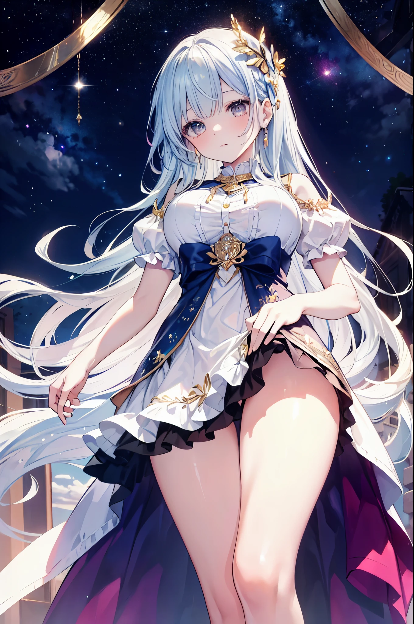 (masterpiece)、(highest quality)、((Super detailed))、(super delicate)、Ero cute、pastel colored hair、beautiful breasts、beautiful thighs、Gorgeous、fantastic sky、Gold, silver, and pale dress、look up from below
