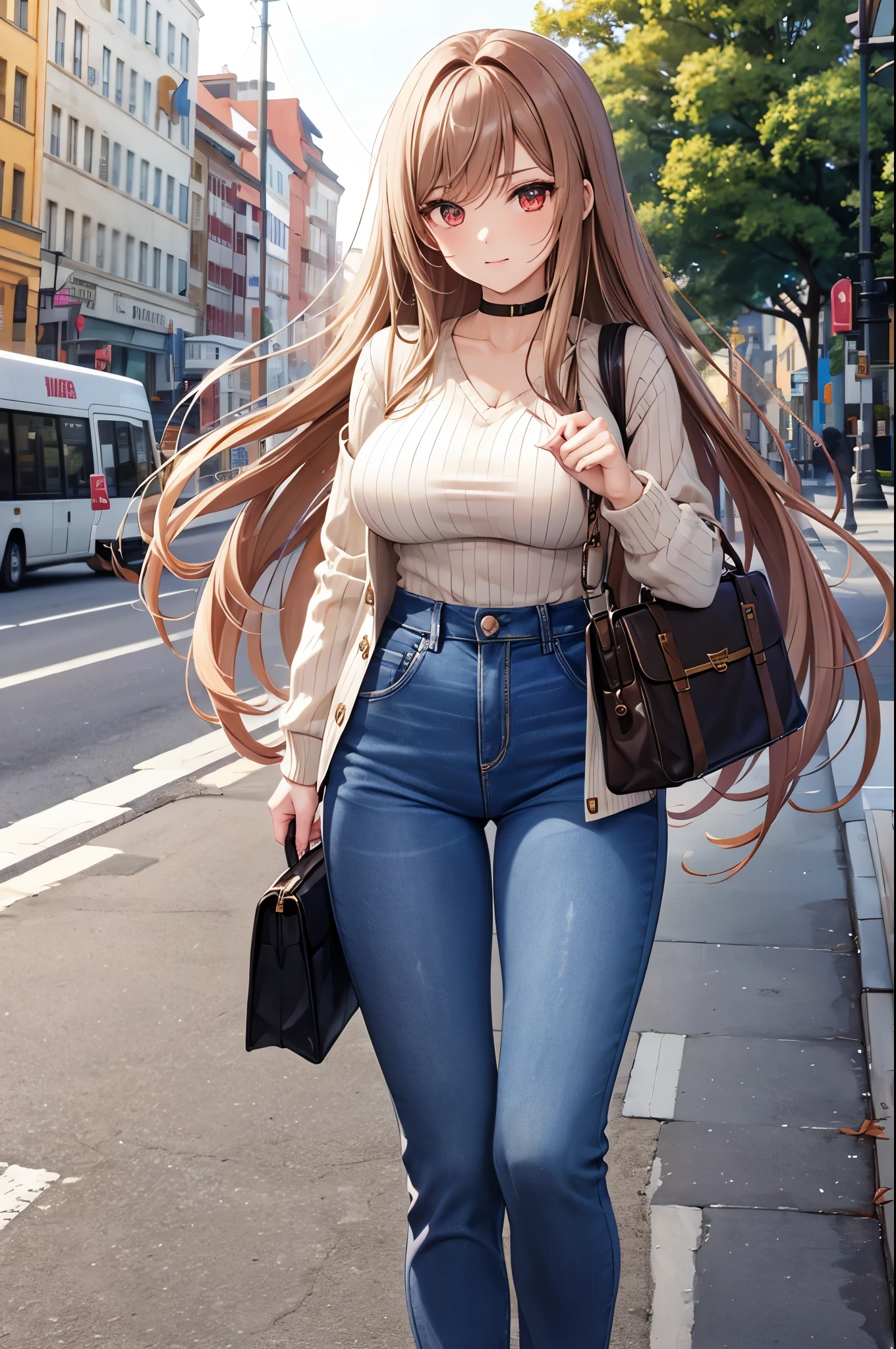 Game , goddess of victory nikke, Rapi , light brown hair,  alluring eyes ,beautiful face , crystal red eyes ,  long hair ,sweater shirt, long sleeve, v neck, cream colour shirt, trousers, jean trousers, 1 hand bag, cheerful eyes, ,g cup breast, slender waist, bewitching thighs, , five fingers each hand, two hand ,two leg , in town, date, standing, beautiful, high heels, daylight, recreation park,