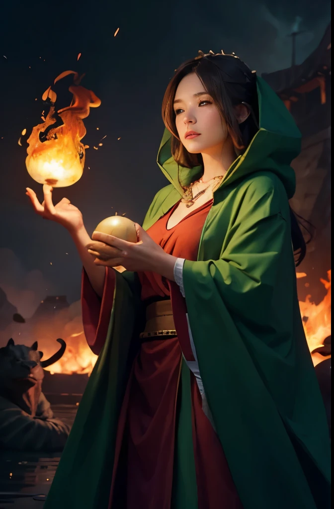 big hippo、green cloak、necklace、intimidating woman、fire magic、throw a ball of flame