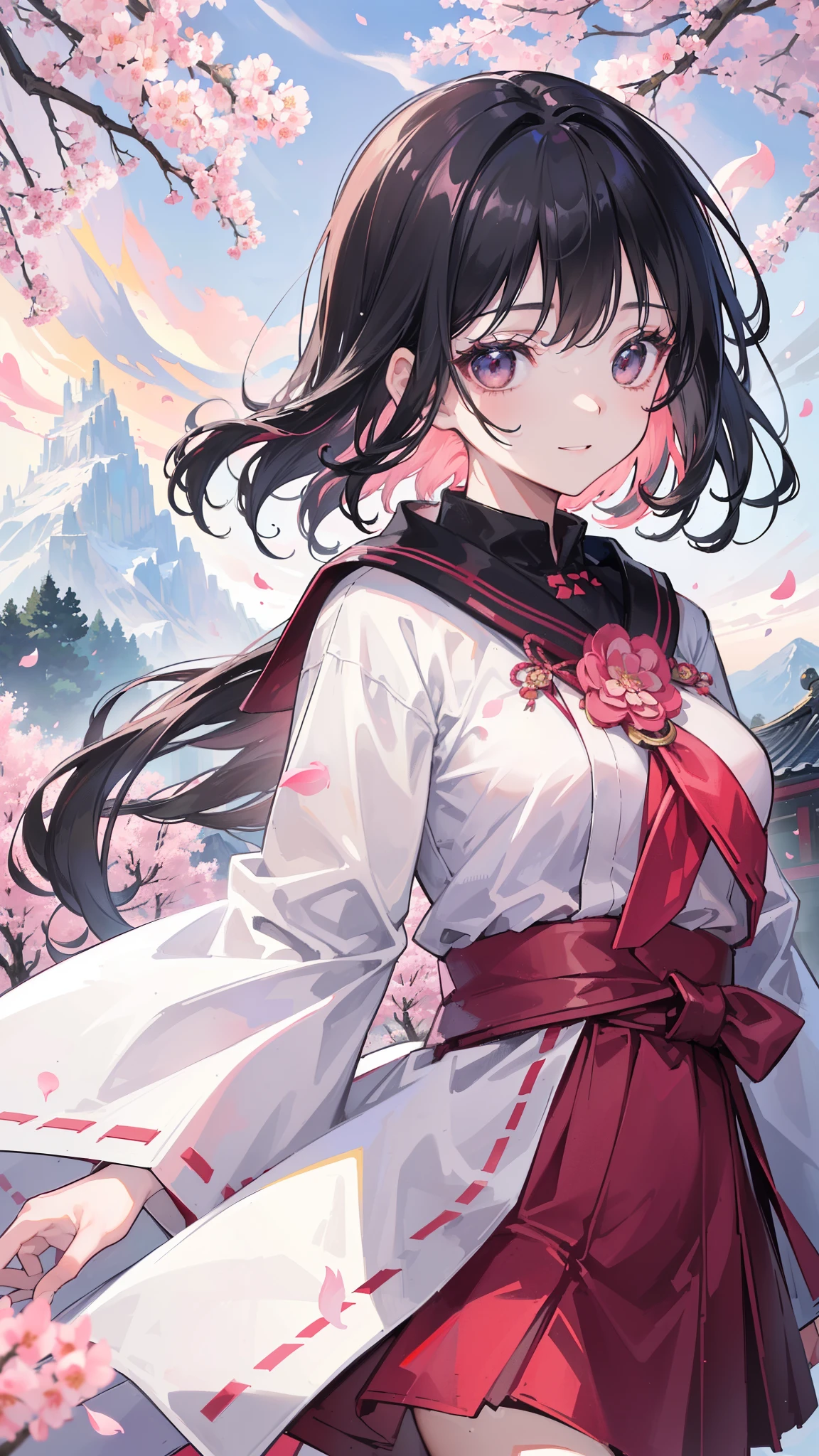 (32k), (highest quality, masterpiece),(1 girl, Miko, coat, expression face, black eye, look at the front ,black hair, walk, Upper body), (stray sky at night, huge old tree in the back, Shining pink petals fall behind, shrine in the back, mountain background, blowing wind, meteor cloud), (cute smile),