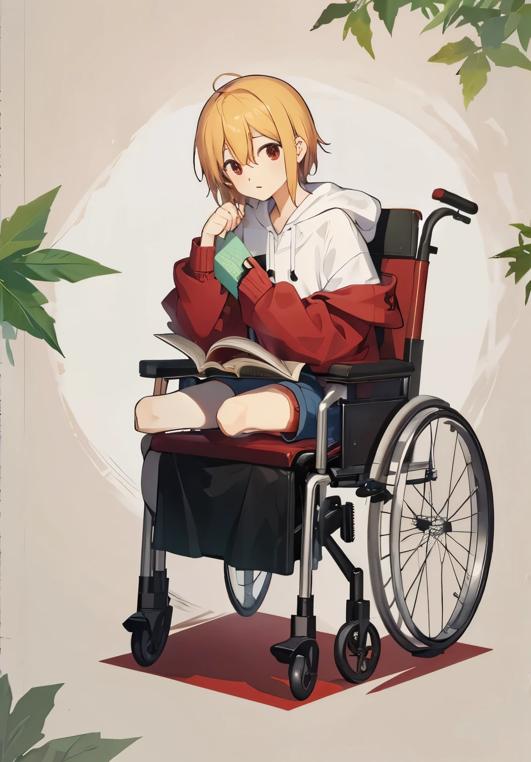 high quality,一个没有腿的It is too small,shorts,Exposed remnants,A character without legs,Off-the-shoulder backless hooded sweater,Sit at the table and read a book,It is too small,Show off your non-existent legs,Disabled shota,Legs no lower than thigh,The stump is wrapped in a bandage,Don't draw legs,Mu Qiu,sitting in wheelchair