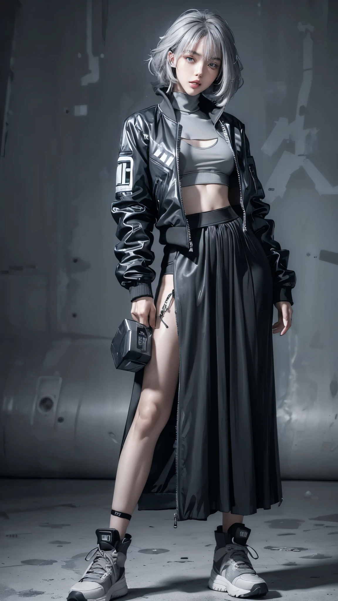 (anime:1.3), (all body shot, fashion portrait:1.6), ultra detailed, beautiful, masterpiece, best quality, _ BREAK (1girl:1.2), 22 years old, 160 cm, Japanese cute model, (Tightened all body, medium Breasts:1.4), small head, small face, diamond Face, small nose, Sharp Faceline, young hands and fingers, beautiful hands and fingers, five fingers, _ BREAK (Glossy Lips:1.3), (Light color lips, Half open mouth, beautiful Teeth:1.2), (dropy eyes, Double eyelid, light color eyes:1.4), _ BREAK (arranged hairstyle:1.3), (gray hair:1.3), _ BREAK (gray background:1.4), Fog, mist, _ BREAK (wide angle, all body shot:1.6), (standing:1.3), (cool beauty model posing:1.4), (from front white lightning), BREAK (ultra Soft fabric sporty and Cyber theme:1.6), (black and white theme:1.4), (training wear, Stacked up:1.3),(ultra Soft fabric oversize Bomber jacket:1.3), (Thick hi Collar:1.4), (Wide, short, baggy:1.4), (1/4 short Length:1.4), (Wide hem:1.4), (Close the zipper:1.35), BREAK (ultra Soft fabric:1.3), (hi Waist maximum skirt:1.5), (maximum Length skirt:1.5), (perfect and Detailed all body wear:1.2), (Cyber hi cut technical Sneaker:1.5),