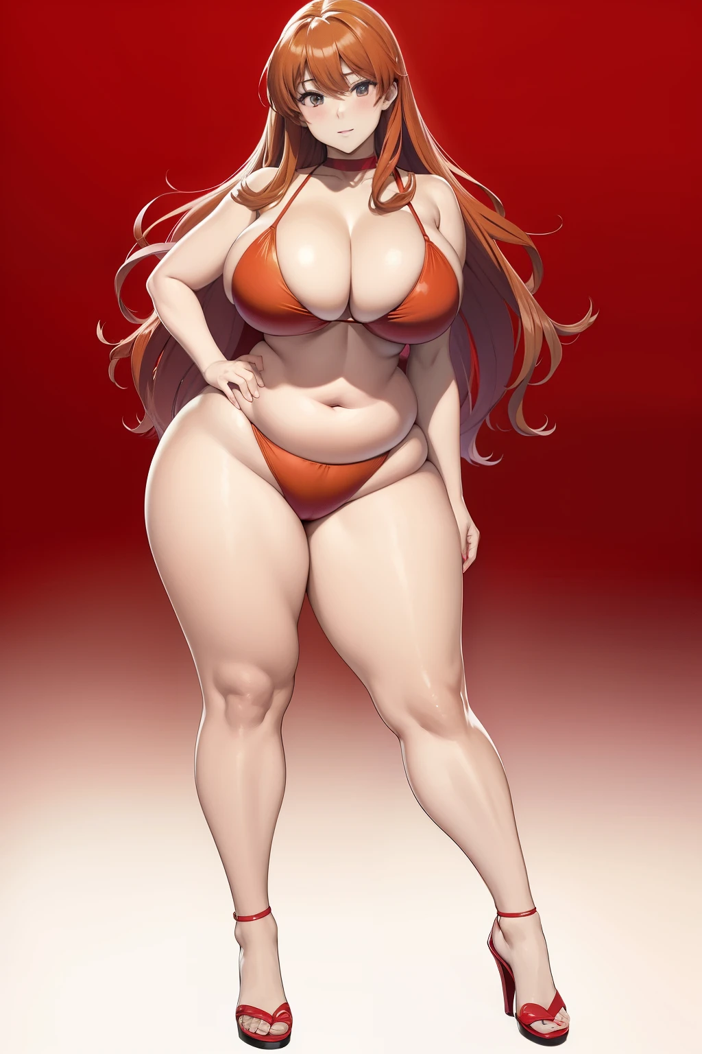 Full body portrait photo of anime bbw girl in red bikini with long hair and big breasts, very fat curvy body, wide waist and wide hips, round and beautiful face, very similar portrait of asuka langley Soryu, asuka langley, anime female characters, evangelion beautiful girl, that&#39;Junji&#39;Style, Asuka from Evangelion,  cel shaded anime