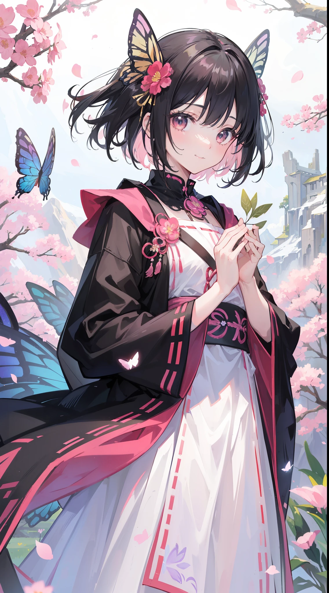 (32k), (highest quality, masterpiece),(1 girl, Miko, coat, expression face, black eye, look at the front ,black hair, walk, Upper body), (stray sky at night, huge old tree in the back, Shining pink petals fall behind, shrine in the back, mountain background, blowing wind, meteor cloud), (cute smile), (32k), (beautiful cute girl), (butterfly ornament), (butterfly dress), ((many butterflies)), (((background of many flowers
))), (((bright background))), (beautiful world), (cute world), smile,