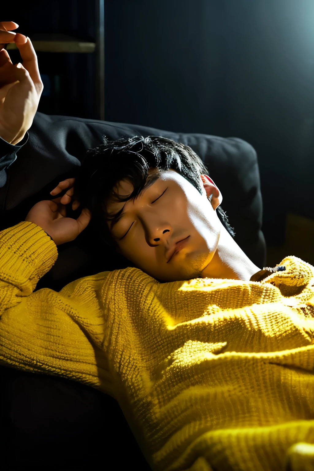 Picture a handsome Korean man wearing a yellow knit lying unconscious in a dark room with his eyes closed.