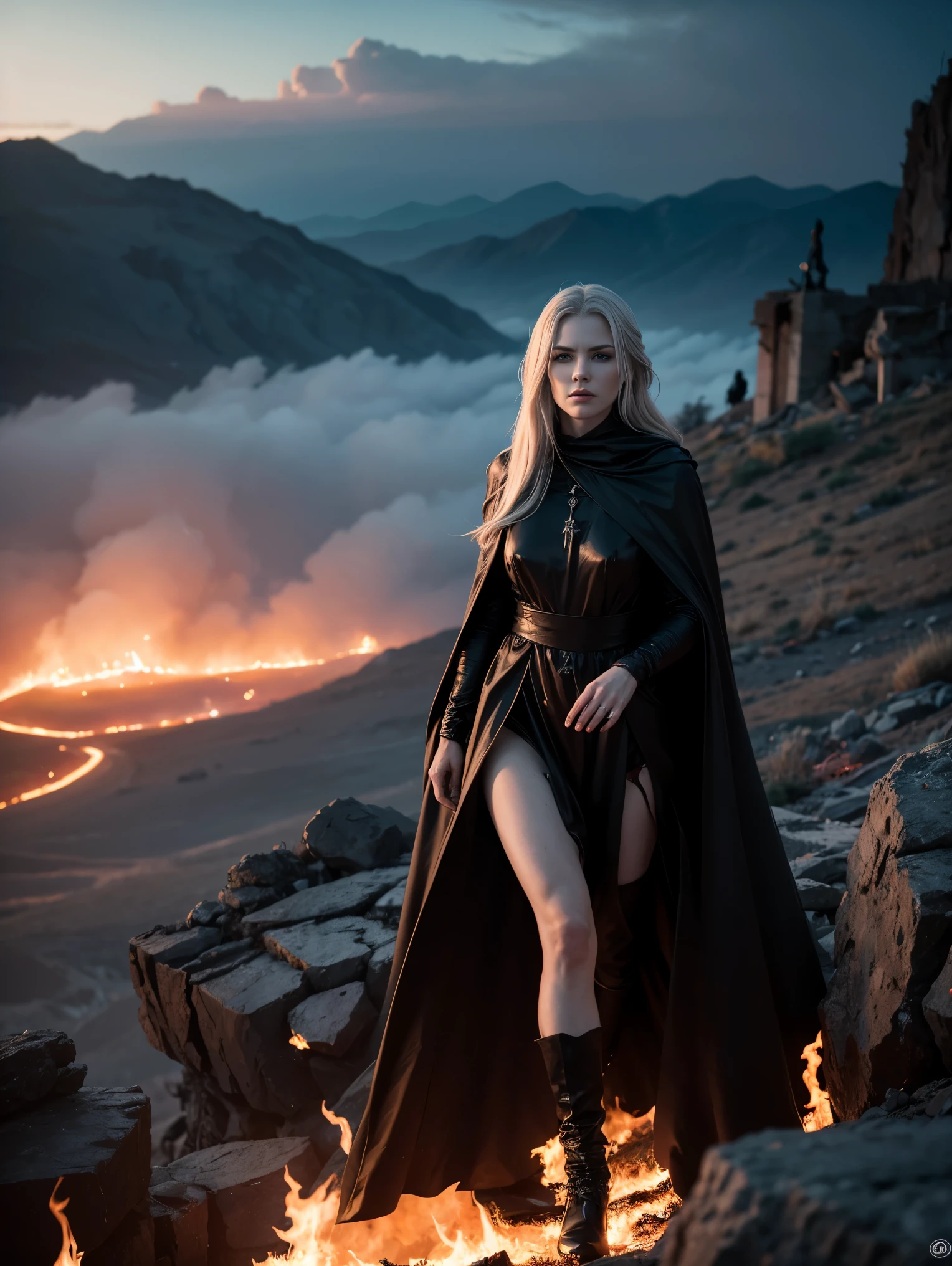 A pale-skinned immortal witch with long silver hair, wearing a flowing black cloak, stands atop a rocky cliff overlooking a blazing apocalyptic landscape. Her eyes glint with amusement as flames engulf the world below, casting an eerie glow on her ethereal features. Smoke billows into the blood-red sky, creating a haunting and mesmerizing scene of destruction and power. cinematic, epic realism,8K, highly detailed