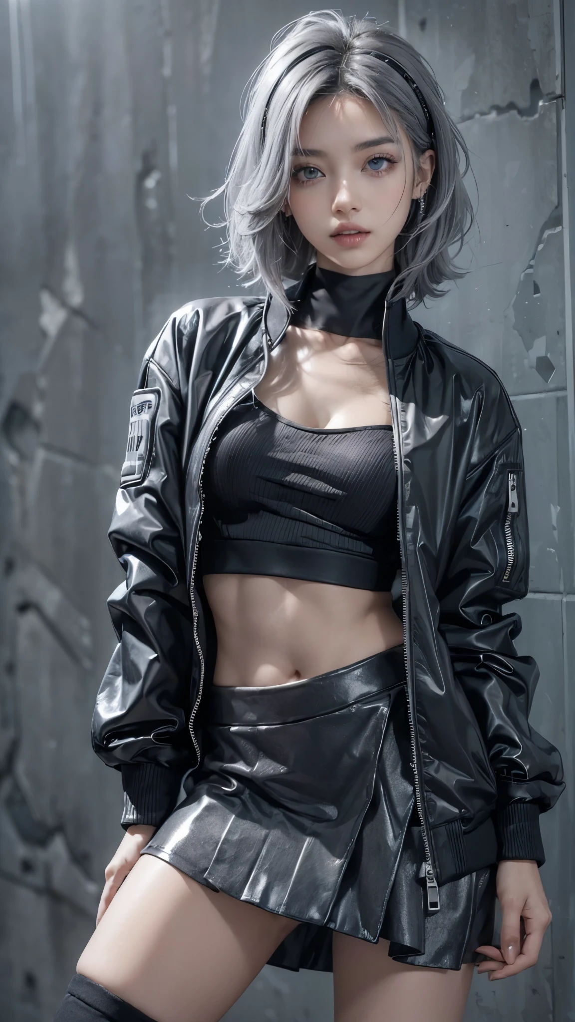 (anime:1.3), (all body shot, fashion portrait:1.6), ultra detailed, beautiful, masterpiece, best quality, _ BREAK (1girl:1.2), 22 years old, 160 cm, Japanese cute model, (Tightened all body, medium Breasts:1.4), small head, small face, diamond Face, small nose, Sharp Faceline, young hands and fingers, beautiful hands and fingers, five fingers, _ BREAK (Glossy Lips:1.3), (Light color lips, Half open mouth, beautiful Teeth:1.2), (dropy eyes, Double eyelid, light color eyes:1.4), _ BREAK (arranged hairstyle:1.3), (gray hair:1.3), _ BREAK (gray background:1.4), Fog, mist, _ BREAK (wide angle,all body shot:1.6), (standing:1.3), (cool model posing:1.4), (from front white lightning), BREAK (Geometric Cyber punk theme:1.6), (black and white theme:1.4), (turtle neck:1.2), (Soft nylon oversize Bomber jacket:1.5), (Wide, short, baggy jacket:1.2), (1/4 short Length jacket:1.2), (Wide hem:1.2), (Close the zipper:1.2), BREAK (low Waist casual A-line maximum Mermaid skirt:1.4),(perfect and Detailed wear:1.4), (Cyber punk hi cut technical Sneaker:1.4), (A lot of cyberpunk accessories:1.4)