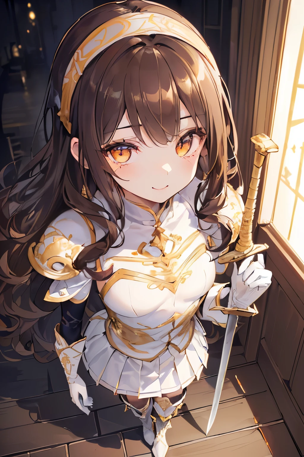 (((1girl))), ((best quality)), ((masterpiece)), ((ultra-detailed)), (illustration), (detailed light), (an extremely delicate and beautiful), (beautiful detailed eyes), (sunlight), ((extremely light)), ((extremely clothes)), (((hyper detail))),(((((front lighting))))),(((((front light))))),
((((quite adorable and white and gold armor with a pleated skirt and headband)))),
((((Excutioner)))),
,
(((wavy long hair))), ((((dark brown hair)))), ((((long hair)))),
(((deep orange eyes))),
((((whole body)))), aged 5 to 8, ((((())))), ((((very adorable young girl)))),
((condescending expression)), ((mischievous smile with sexual satisfaction)), (((extra adorable))), (((((extra slender shape))))),
(((((extremely beautiful detailed face))))),
(((bravely standing with a sword))),
(((elegant boots))),
(Dutch angle), (((elegant gloves))), ((transparent magical underskirt)), ((a little bit exposed adorable magical panties))