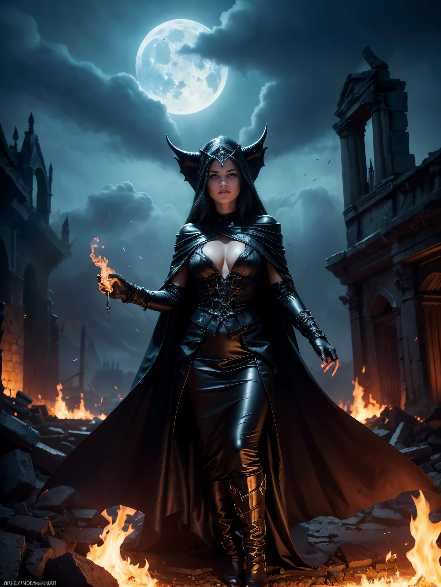Full body shot of An immortal witch, watching with amusement as the world is destroyed by fire.
(best quality,4k,8k,highres,masterpiece:1.2),ultra-detailed,(realistic,photorealistic,photo-realistic:1.37),dark fantasy,haunting,spellbinding,fire,catastrophe,burning landscape,ominous atmosphere,ravaged cities,dark clouds,enigmatic sorceress,demonic powers,eyes glowing with supernatural energy,flickering flames,dark cloak billowing in the wind,sinister shadows,ancient ruins,ominous ruins,wicked smile,magical aura,burning embers swirling in the air,devastation,apocalypse,chaos,unstoppable force,curse,eternal beauty,flickering candlelight,ominous prophecies,cackling laughter,mythical creatures,serpent-like dragons,crumbling buildings,ominous moonlit sky,ominous glow,powerful incantations.