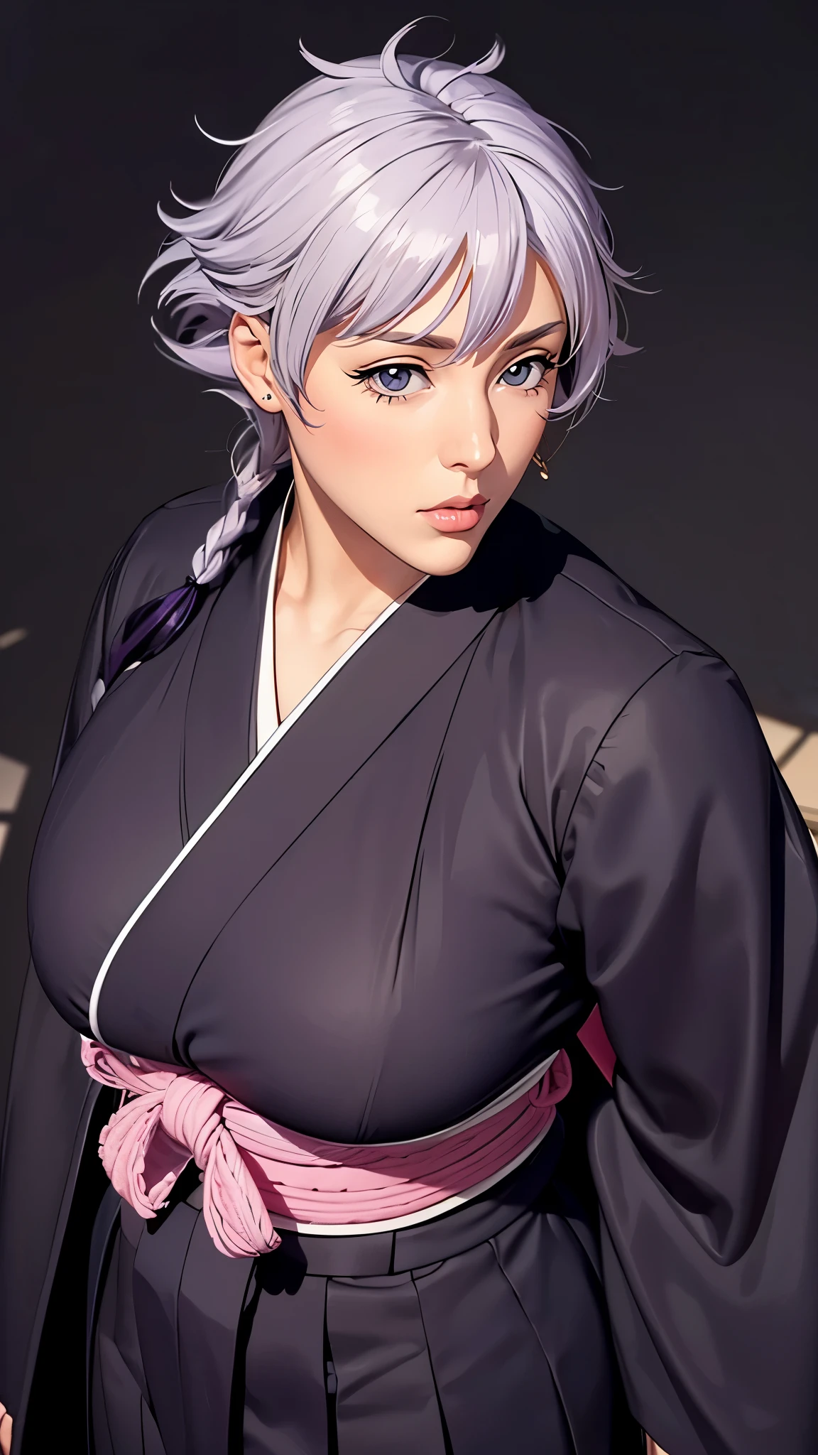 （（（完美figure，figure，long sleeves, japanese clothes, kimono, haori, black kimono, hakama, black hakama,（（（isane kotetsu, short hair, braid, white hair, (purple eyes:1.1), hair braid, ））），（（（wide hips））），S型figure:1.7））），((masterpiece)),high resolution, ((Best quality at best))，masterpiece，quality，Best quality，（（（ Exquisite facial features，looking at the audience,There is light in the eyes，blush，Happy））），（（（Interlacing of light and shadow，huge ））），（（（looking into camera，fighting stance，Ghost Road，glow，from above，looking down）））