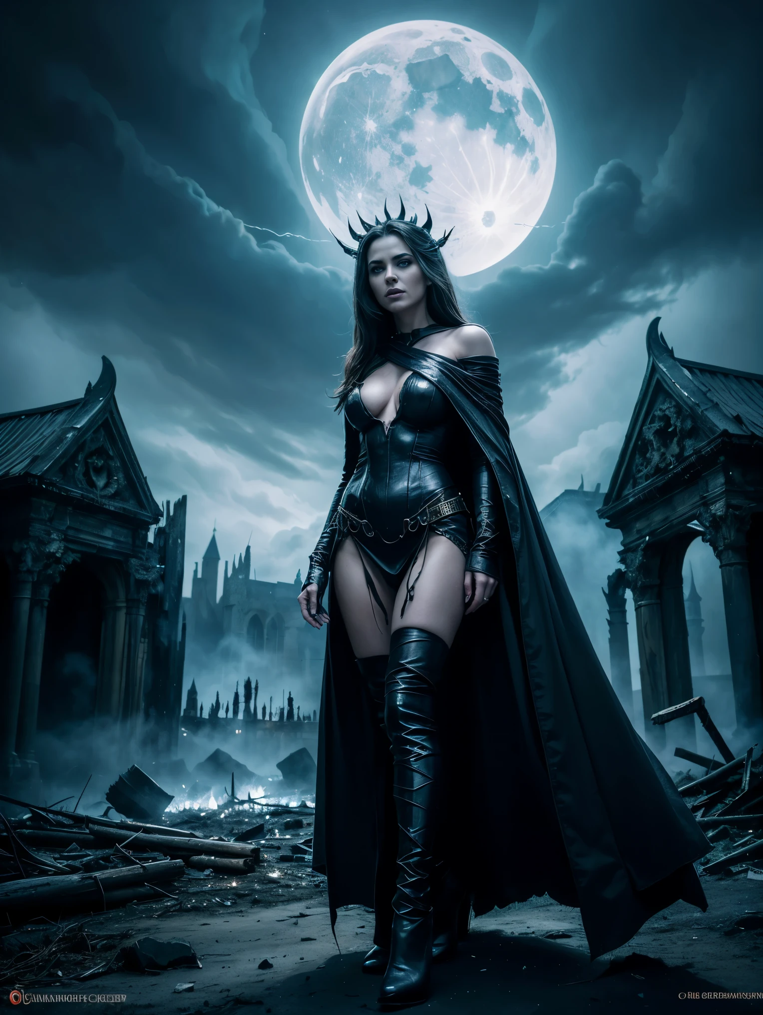 Full body shot of An immortal witch, watching with amusement as the world is destroyed by fire.
(best quality,4k,8k,highres,masterpiece:1.2),ultra-detailed,(realistic,photorealistic,photo-realistic:1.37),dark fantasy,haunting,spellbinding,fire,catastrophe,burning landscape,ominous atmosphere,ravaged cities,dark clouds,enigmatic sorceress,demonic powers,eyes glowing with supernatural energy,flickering flames,dark cloak billowing in the wind,sinister shadows,ancient ruins,ominous ruins,wicked smile,magical aura,burning embers swirling in the air,devastation,apocalypse,chaos,unstoppable force,curse,eternal beauty,flickering candlelight,ominous prophecies,cackling laughter,mythical creatures,serpent-like dragons,crumbling buildings,ominous moonlit sky,ominous glow,powerful incantations.