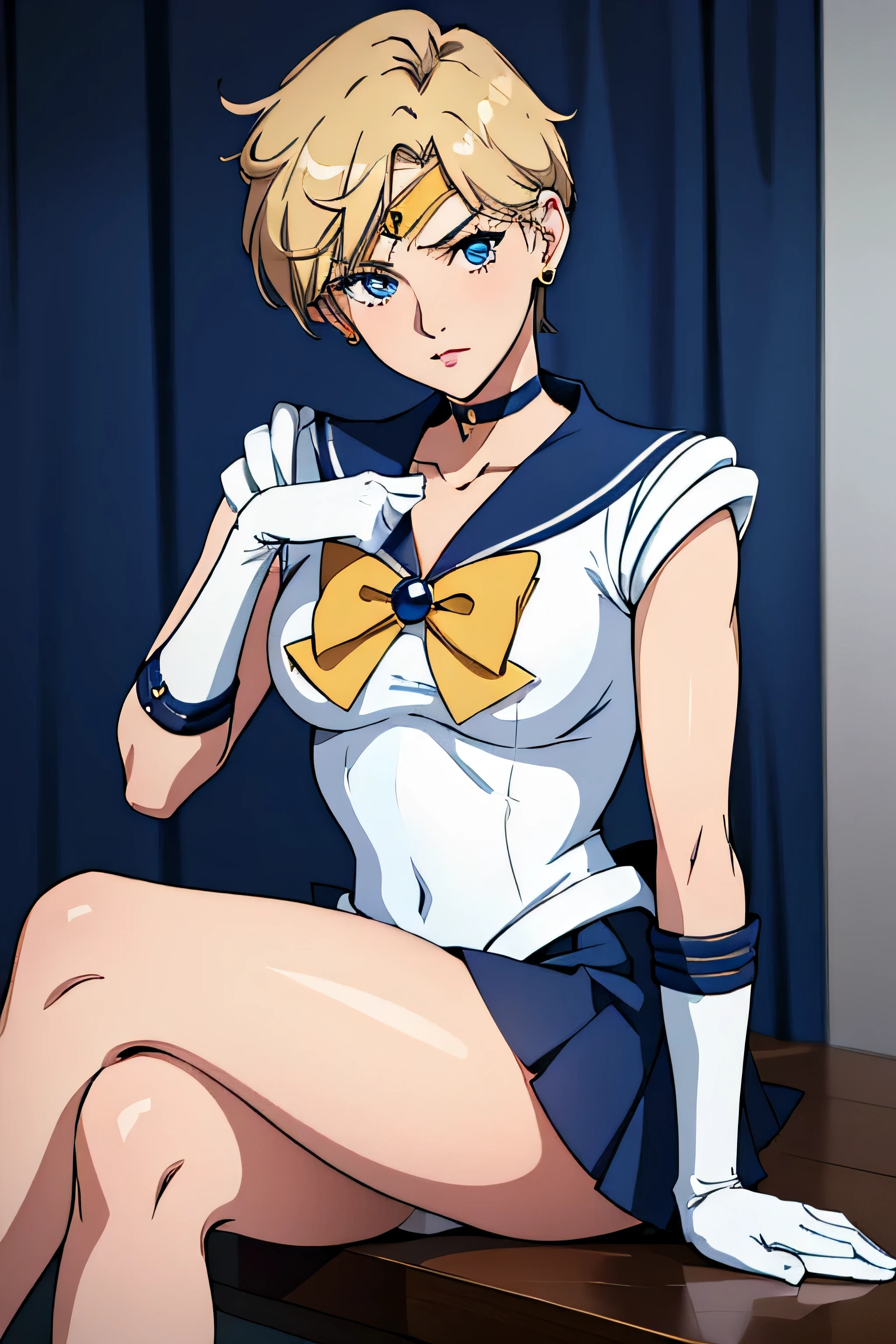 (Mejor calidad:1.1), (Obra maestra:1.4), (absurdos:1.0), retrato, de cerca,1 chica, Marinero Urano, KizukiAi, Mujer madura, small breasts, ojos aguamarina, Pelo rubio, Uniforme Marinero Senshi, cuello marinero, arco en el pecho, arco trasero, falda plisada, guantes de codo blancos, big booty, ultra mini falda , joyas, pendientes, falda plisada , Collar marinero azul, mini falda, gargantilla, blue gargantilla, guantes blancos, cabello corto, joyas, pendientes, session, piernas cruzadas, muy sexy. PIERNAS ENROSCADAS, MOSTRAR BOTIN