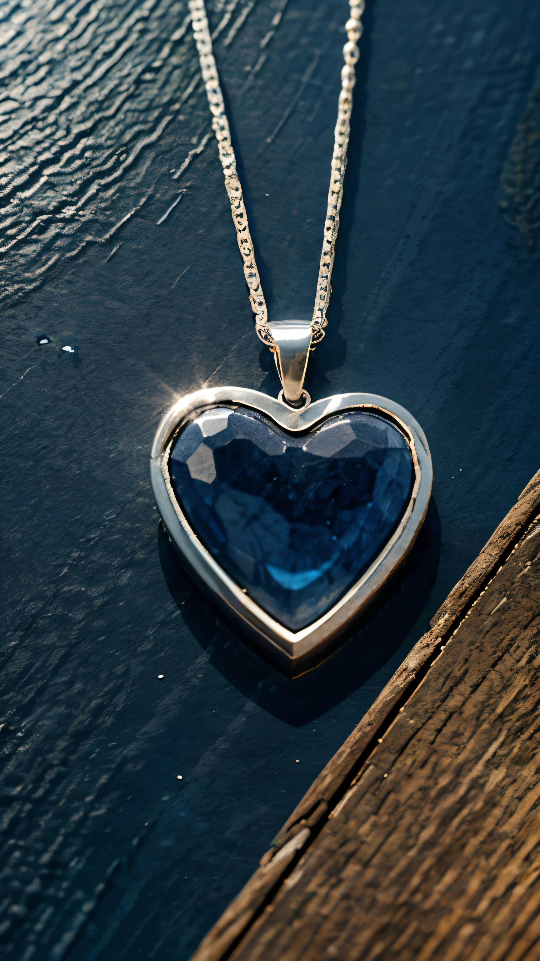 Heart of the ocean necklace on a table, deep blue