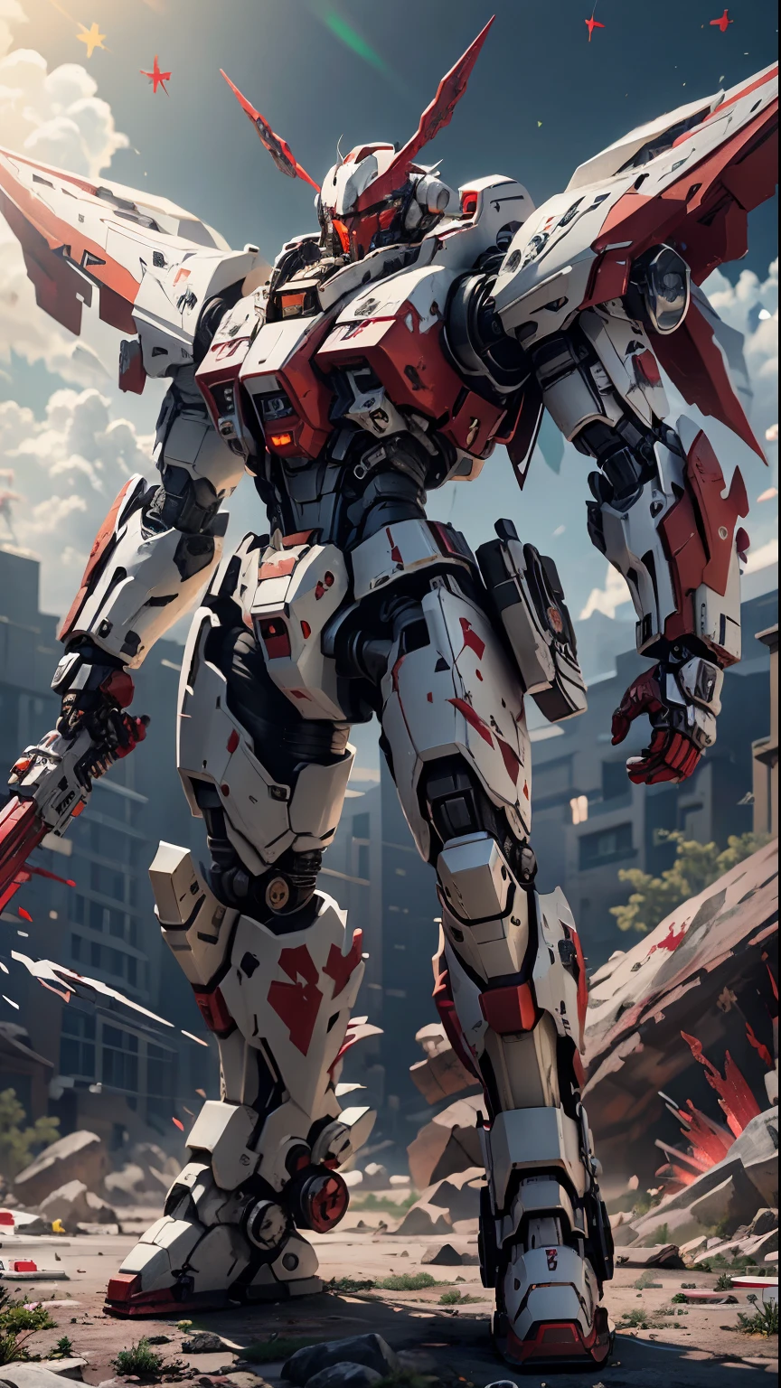 ((best quality)), ((masterpiece)), (Very detailed:1.3), 3d, shitu-mecha, In the surface of moon,in space,cool and giant mecha, ancient technology, high dynamic range (high dynamic range), Ray tracing, NVIDIA RTX, super resolution, Unreal 5, subsurface scattering, PBR texture, post processing, Anisotropic filtering, depth of field, Maximum clarity and sharpness, Multi-layer textures, Albedo and specular maps, Surface shading, Accurately simulate the interaction of light with materials, Perfect proportion, octane rendering, Two-tone lighting, Low ISO, white balance, rule of thirds, Large aperture, 8K raw, Highly efficient sub-pixels, sub-pixel convolution, glowing particles, light scattering, Tyndall effect,giant machine wings,hold a weapon,(red and white paint:1.8), Dramatic lighting,Sony A7,round head,((holding guns:1.4))