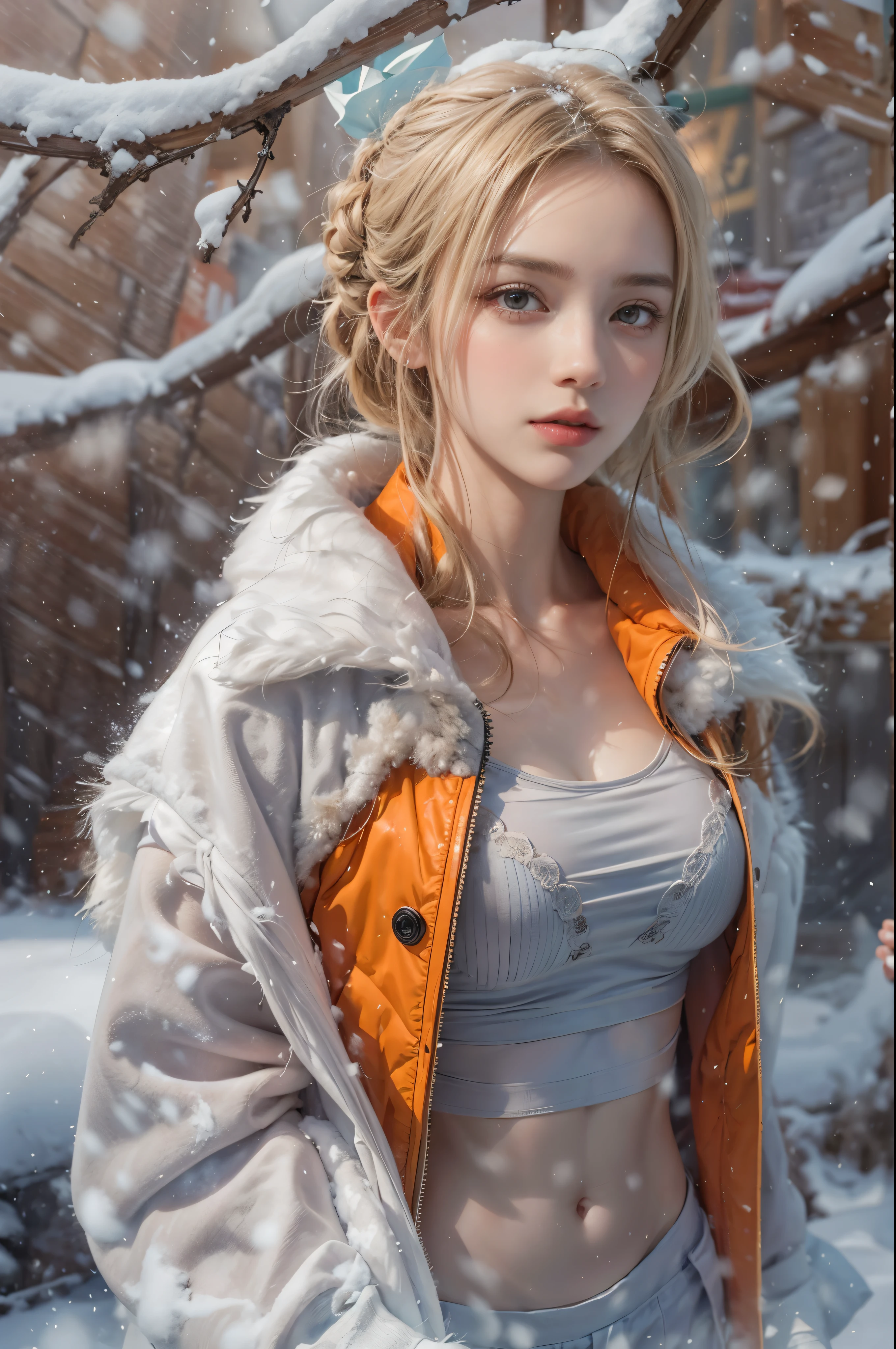 masterpiece, best quality, high quality, High definition, High quality texture, High quality shadow, high detail, beautiful detailed, finely detailed, extremely detailed cg, detailed texture, a realistic representation of the face, realistic, colorful, delicate, sharp focus, (intricate details, makeup, PureErosFace_V1:0.5), (detailed beautiful delicate face, detailed beautiful delicate eyes, a face of perfect proportion, high detailed skin, detailed skin, best ratio four finger and one thumb, skiny and thin:1.3), 1girl, , tall, (smooth_abs:1.55), (abs:0.5), pretty, masterpiece, highres, (long_skinny_legs), (straight_legs), (skinny_waist), (((fair skin))), white skin, (((pale skin))), (Emma_watson), big_breast, (((Caucasian))), Light blonde hair, orange Bandeau, orange short pleated skirt, standing legs apart, looking at viewer, full body, portrait of cute blonde girl, (outside,Heavy snowfall, Cover with snow), ((crop top)), showing abdomen, showing abs, snowfield, bloom, white fog, motion, wispy hair, realism, high-quality rendering, stunning art, high quality, film grain, Fujifilm XT3, dreamy