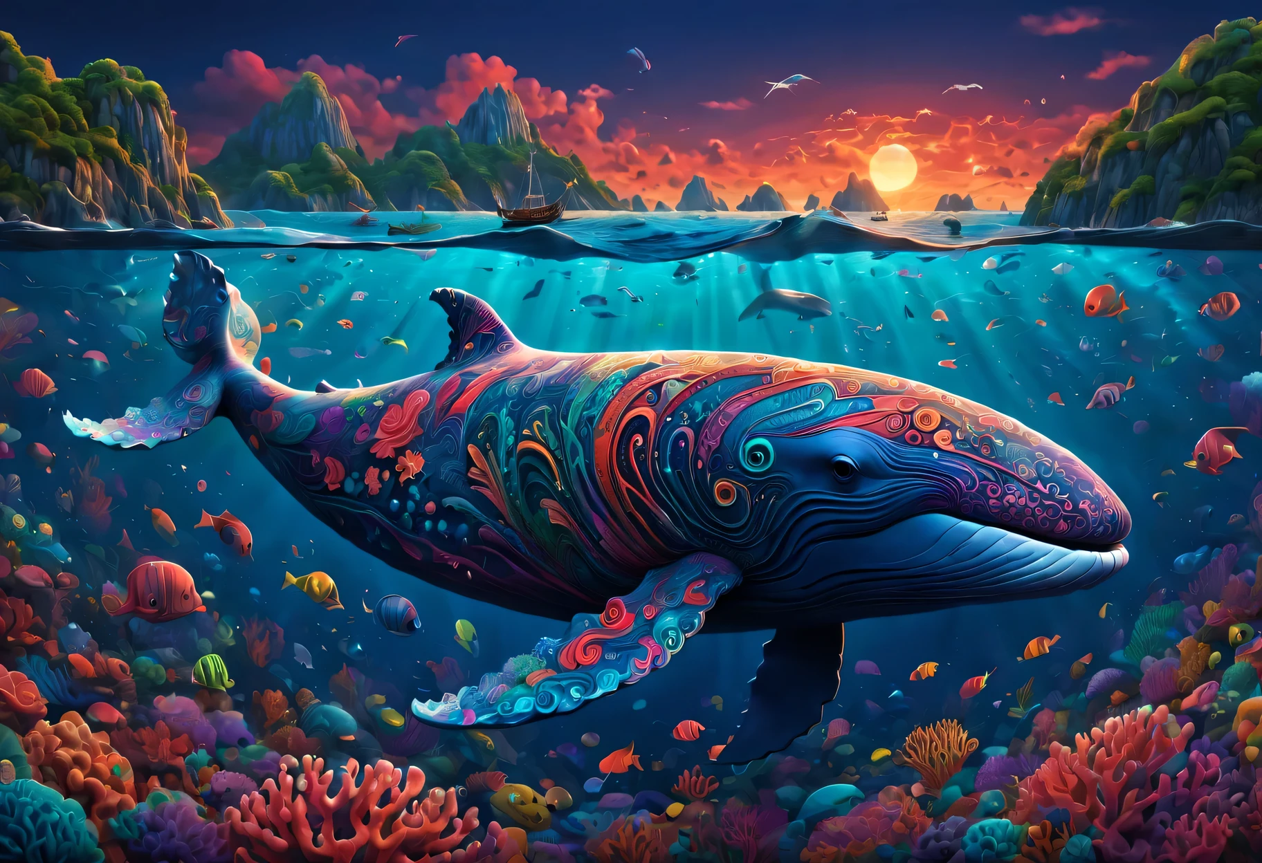 (highest quality, High resolution, super sharp), magic ,Giant whale, anatomically correct whale、Sea, tangled, full color, 3D crunch,colorful coral、masterpiece、highest quality、Mysterious、The artwork has a cinematic feel, Emotional, and great atmosphere. Colors represent a bright and vibrant palette, And the lighting creates a dramatic effect..., cast shadows and illuminate the surroundings.、 Scenes are rendered with intricate Zentangle details