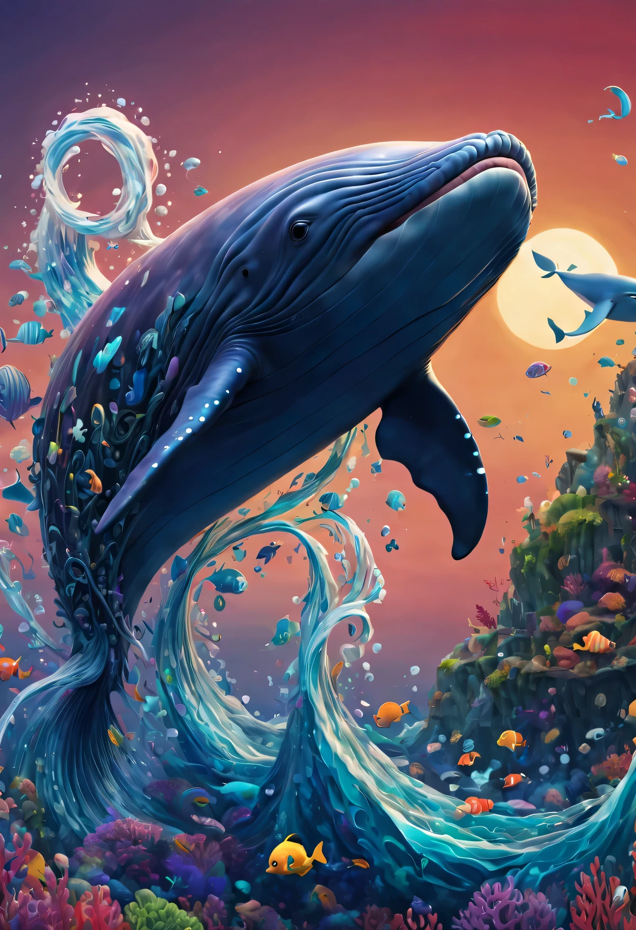 (highest quality, High resolution, super sharp), magic ,Giant whale, Sea, tangled, full color, 3D crunch,
