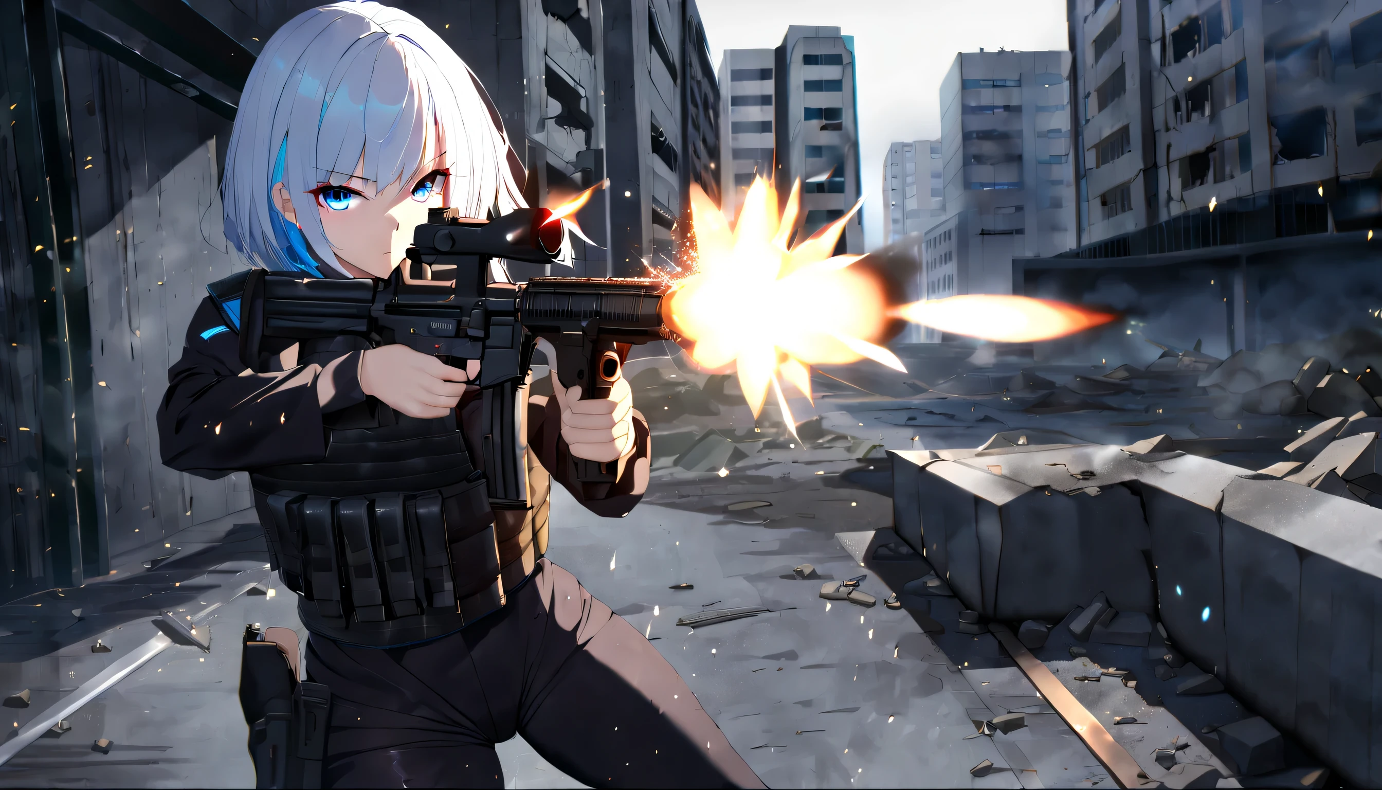 (((cuisson,pistolet,light particles))),1fille, cheveux bleus courts et cheveux blancs, yeux bleus, scintillant , tenue militaire rouge et noire ,gilet balistique,sombre,Sombre,concrete,destroyed,Japon,building, absurdes, high resolution, ultra-tranchant, 8K, chef-d&#39;artwork, regarder le spectateur,plan large.