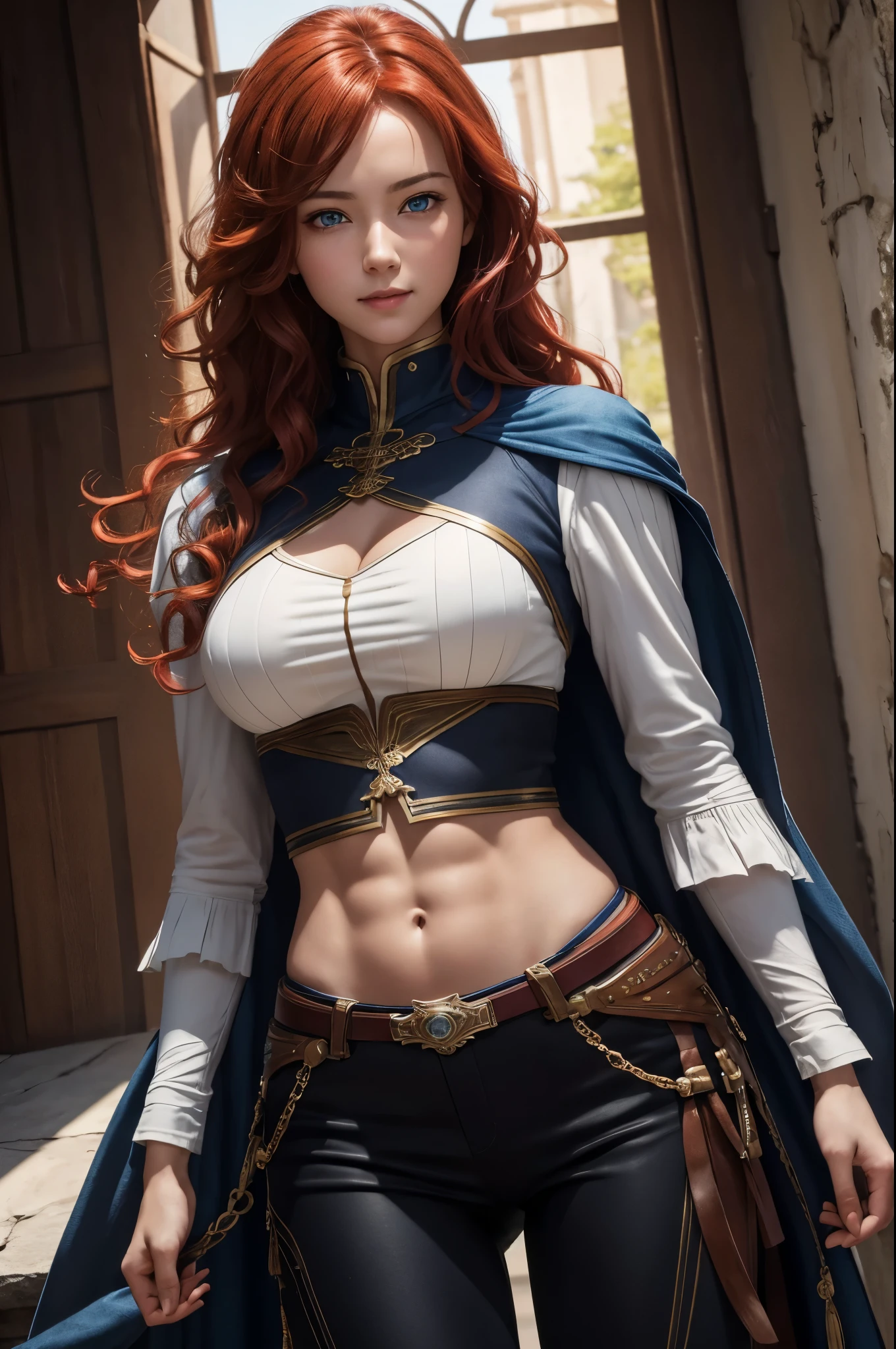 8k,ultra high resolution,((best image quality)), ((masterpiece)), (high detail:1.3), Jeanne d'Arc,paladin,blue eyes,red hair perm hair,A woman wearing brown and white casual clothes;beautiful expression,Charm,sexy,super beautiful(like the real thing),smile,luxury black pants,muscular slim body,ripped abs,Muscular thin lower body,masterpiece,Photorealistic RAW photos of the highest quality。bright colors,rich colors, Backlight, cinematic lighting, film grain, to be born, 50mm lens, Nikon D850,realistic skin,fantasy art,character art,ultra high resolution,dynamic pose,castle town,