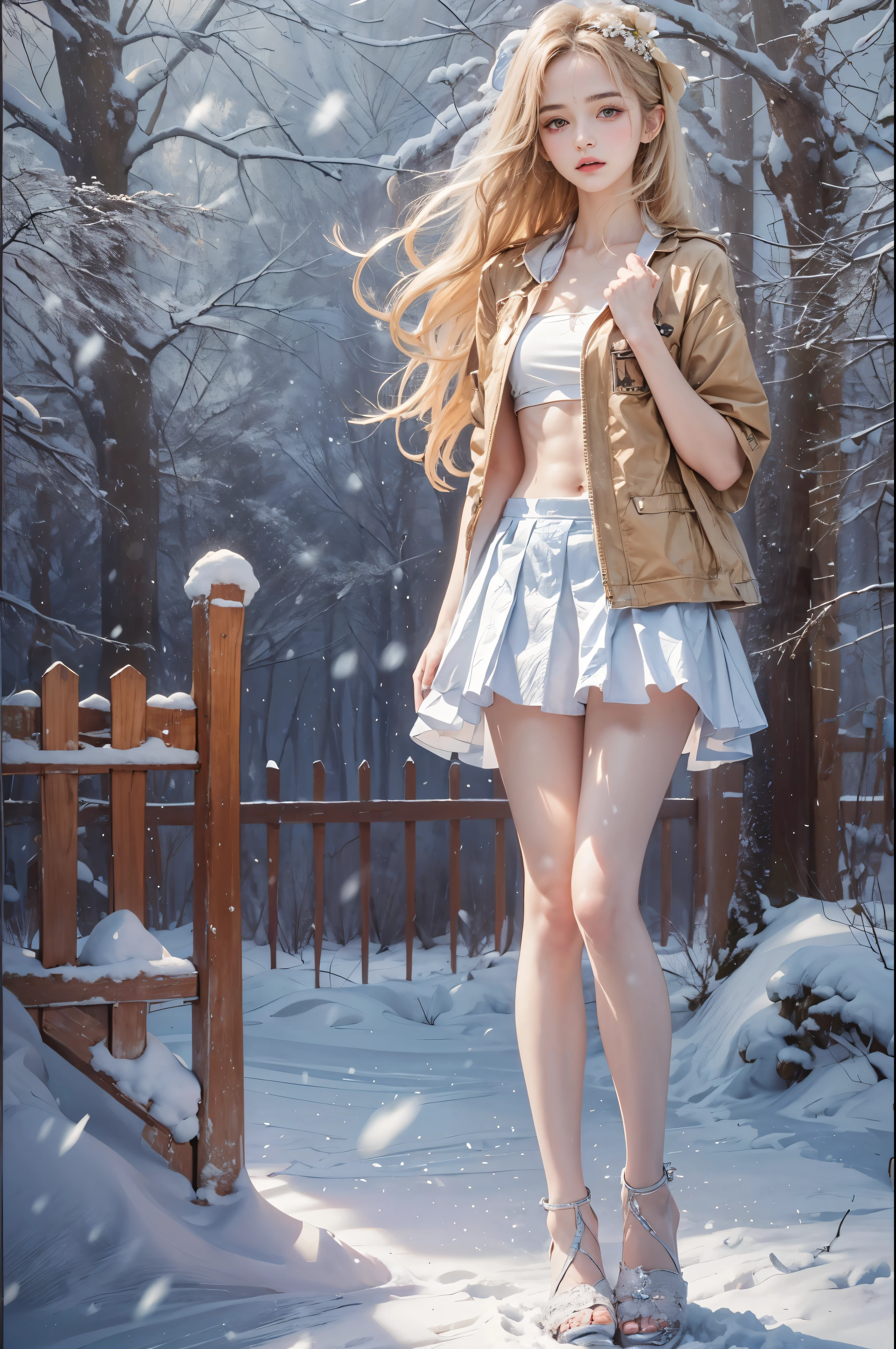 masterpiece, best quality, high quality, High definition, High quality texture, High quality shadow, high detail, beautiful detailed, finely detailed, extremely detailed cg, detailed texture, a realistic representation of the face, realistic, colorful, delicate, sharp focus, (intricate details, makeup, PureErosFace_V1:0.5), (detailed beautiful delicate face, detailed beautiful delicate eyes, a face of perfect proportion, high detailed skin, detailed skin, best ratio four finger and one thumb, skiny and thin:1.3), 1girl, 17 years old, tall, (smooth_abs:1.55), (abs:0.5), pretty, masterpiece, highres, (long_skinny_legs), (straight_legs), (skinny_waist), (((fair skin))), white skin, (((pale skin))), (Emma_watson), big_breast, (((Caucasian))), Light blonde hair, orange Bandeau, orange short pleated skirt, standing legs apart, looking at viewer, full body, portrait of cute blonde girl, (outside,Heavy snowfall, Cover with snow), ((crop top)), showing abdomen, showing abs, snowfield, bloom, white fog, motion, wispy hair, realism, high-quality rendering, stunning art, high quality, film grain, Fujifilm XT3, dreamy