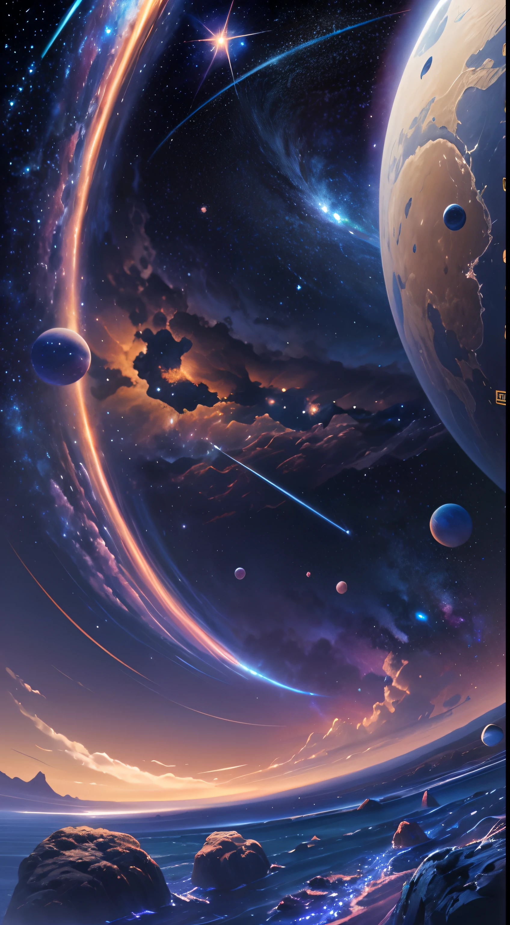 ((8K))Profundo mar azul, Starry sky with distant rivers and milky ways, galactic landscape, epic and beautiful space science fiction, cosmos sem fim no fundo, arte digital altamente detalhada, paisagem espacial,estelar,cometas,pulsar