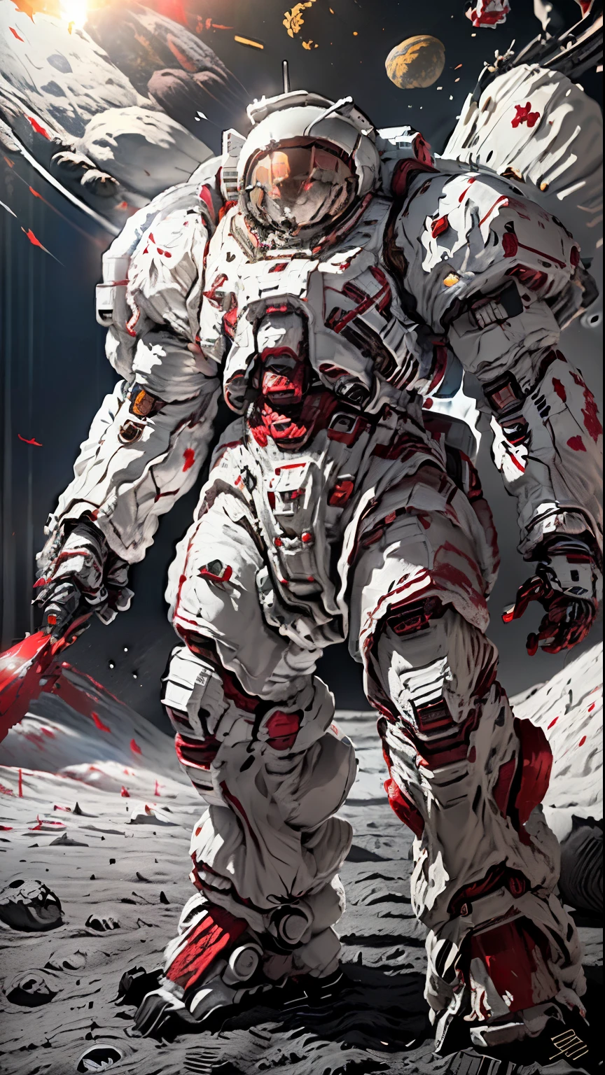 ((best quality)), ((masterpiece)), (Very detailed:1.3), 3d, shitu-mecha, ((In the surface of moon,in space:1.7)),cool and giant mecha, ancient technology, high dynamic range (high dynamic range), Ray tracing, NVIDIA RTX, super resolution, Unreal 5, subsurface scattering, PBR texture, post processing, Anisotropic filtering, depth of field, Maximum clarity and sharpness, Multi-layer textures, Albedo and specular maps, Surface shading, Accurately simulate the interaction of light with materials, Perfect proportion, octane rendering, Two-tone lighting, Low ISO, white balance, rule of thirds, Large aperture, 8K raw, Highly efficient sub-pixels, sub-pixel convolution, glowing particles, light scattering, Tyndall effect,giant machine wings,hold a weapon,(red and white paint:1.8), Dramatic lighting,Sony A7,round head,((holding guns:1.4))