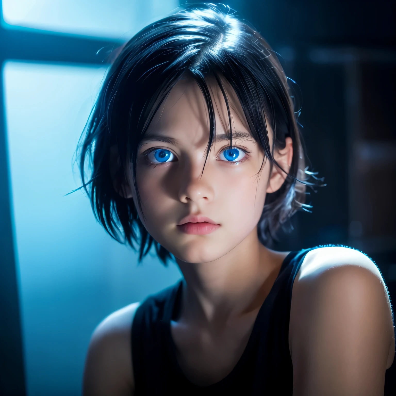 highest quality,masterpiece,ultra high resolution,(reality:1.5),blue eyes,original photo,1 boy,,black hair