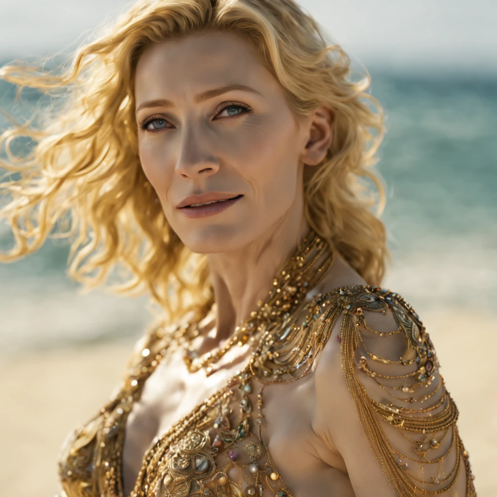 (cate blanchett, 30 years old woman) maintain face as much as possible, is a bikini clad seductress with many jewels on golden chains accentuating her curves, lots of alluring henna body paint, in a Conan movie, she is on a moonlit beach with a lavish silken bed and jewel pavilion, she is walking past the viewer and looking back over her shoulder, mesmerizing, hypnotic, alluring, zoom out, show entire body, show all of her, no nudity, safe for work, proper anatomy, double check anatomy