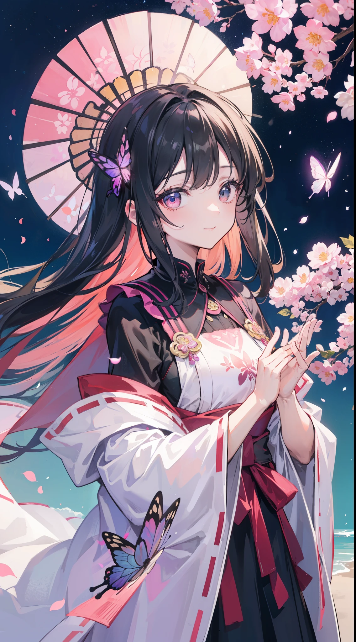 (32k), (highest quality, masterpiece),(1 girl, Miko, coat, expression face, black eye, look at the front ,black hair, walk, Upper body), (stray sky at night, huge old tree in the back, Shining pink petals fall behind, shrine in the back, mountain background, blowing wind, meteor cloud), (cute smile), (32k), (beautiful cute girl), (butterfly ornament), (butterfly dress), ((many butterflies)), (((background of many flowers
))), (((bright background))), (beautiful world), (cute world), smile, 