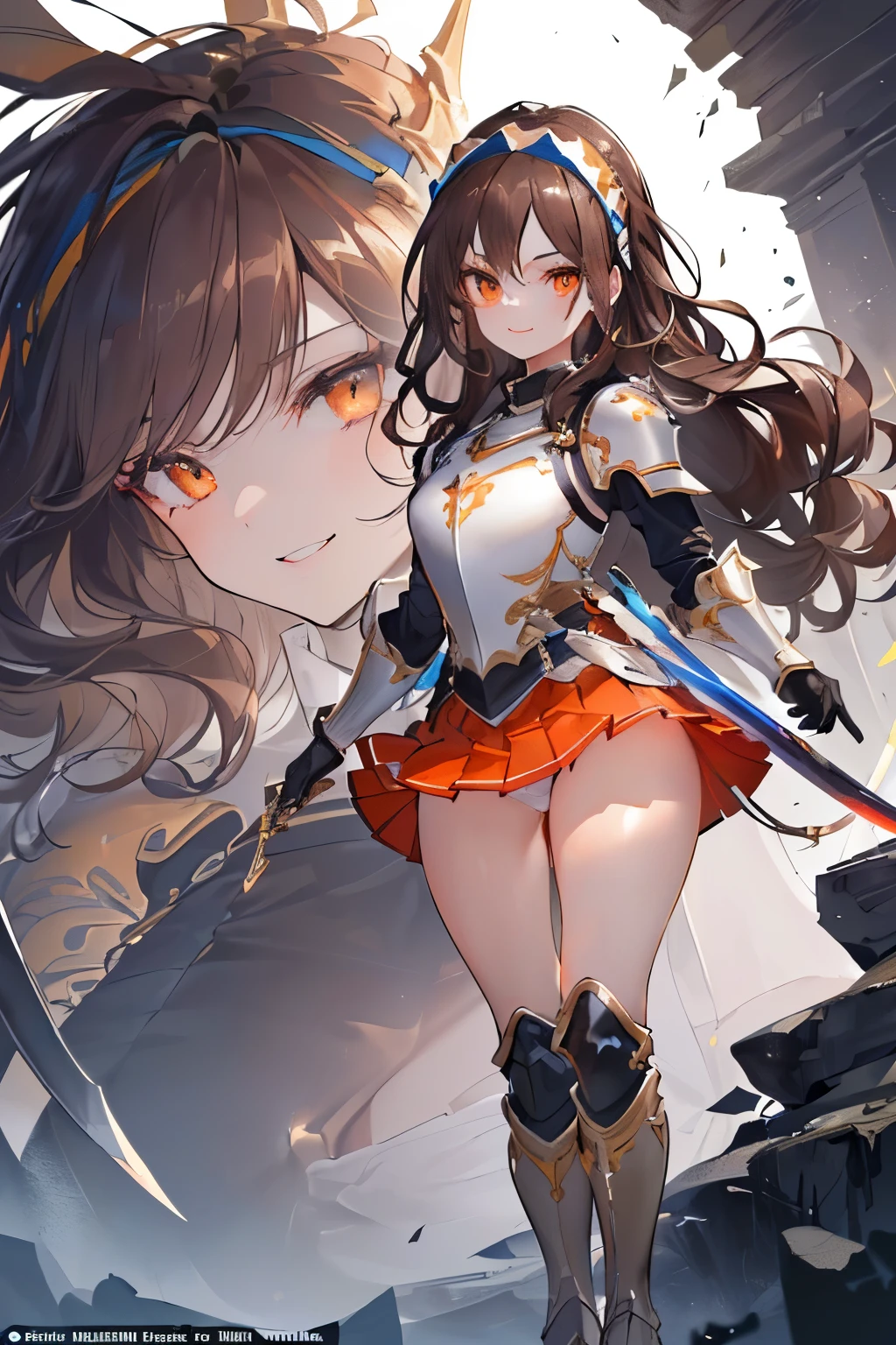(((1girl))), ((best quality)), ((masterpiece)), ((ultra-detailed)), (illustration), (detailed light), (an extremely delicate and beautiful), (beautiful detailed eyes), (sunlight), ((extremely light)), ((extremely clothes)), (((hyper detail))),(((((front lighting))))),(((((front light))))),
((((quite adorable and full-armor with a pleated skirt and headband)))),
((((Paladin)))),
,
(((wavy long hair))), ((((dark brown hair)))), ((((long hair)))),
(((deep orange eyes))),
((((whole body)))), aged 5 to 8, ((((())))), ((((very adorable young girl)))),
((condescending expression)), ((mischievous smile with sexual satisfaction)), (((extra adorable))), (((((extra slender shape))))),
(((((extremely beautiful detailed face))))),
(((bravely standing with a sword))),
(((elegant boots))),
(Dutch angle), (((elegant gloves))), ((transparent magical underskirt)), ((a little bit exposed adorable magical panties))