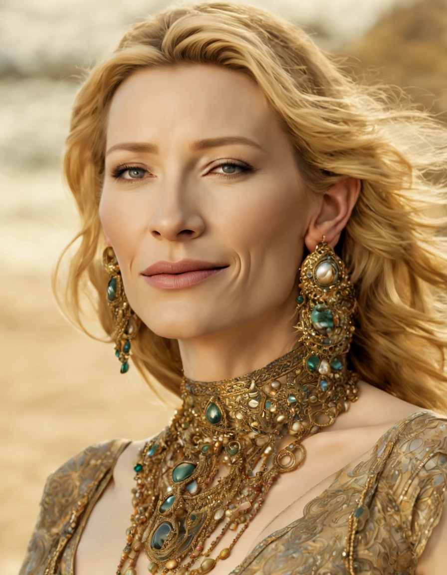 (cate blanchett, 30 years old woman) maintain face as much as possible, is a bikini clad seductress with many jewels on golden chains accentuating her curves, lots of alluring henna body paint, in a Conan movie, she is on a moonlit beach with a lavish silken bed and jewel pavilion, she is walking past the viewer and looking back over her shoulder, mesmerizing, hypnotic, alluring, zoom out, show entire body, show all of her, no nudity, safe for work, proper anatomy, double check anatomy