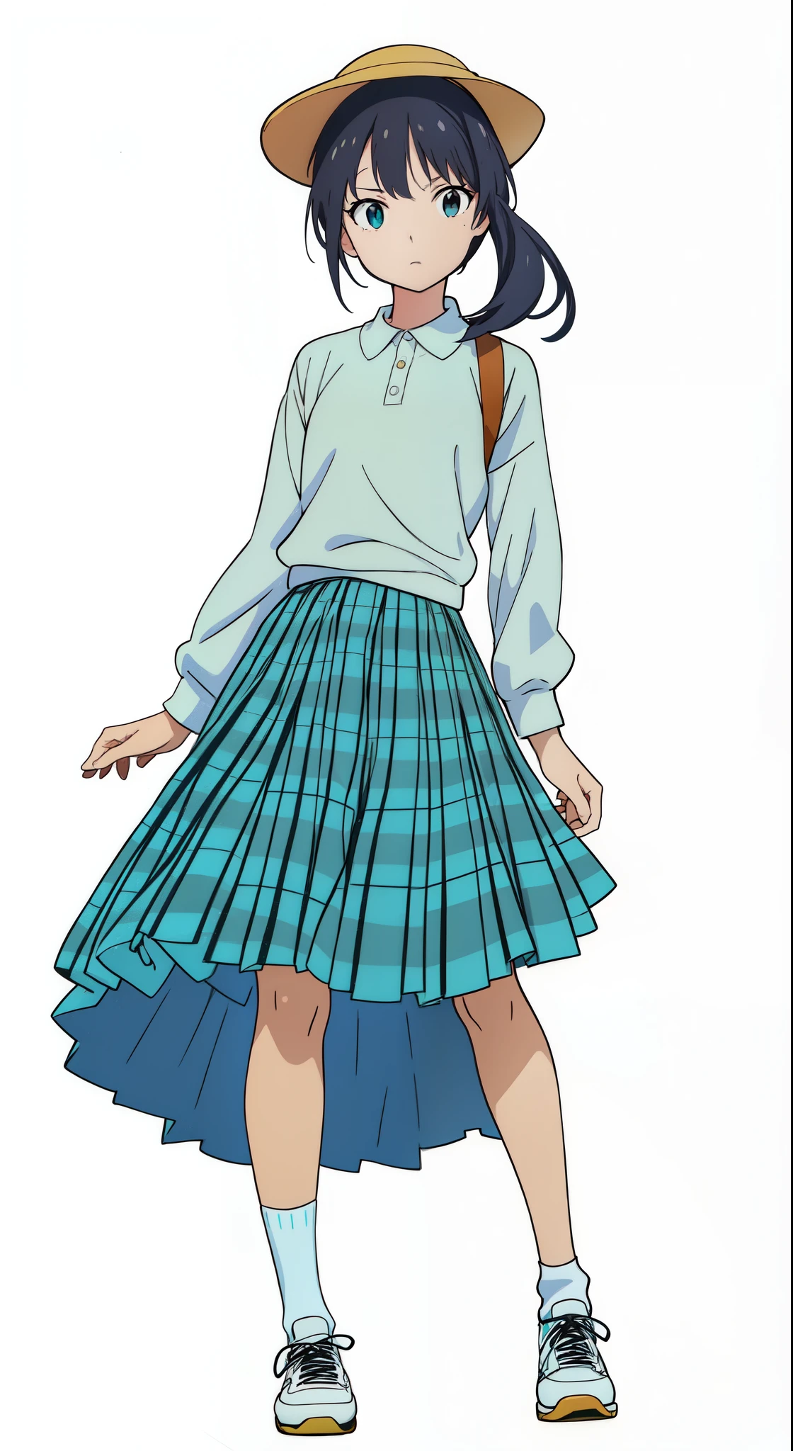 (white background:1.0), (best quality:1.0), (masterpiece:1.0), (super fine illustration:1.0), (beautiful artwork:1.0), (anime screencap:1.0), (official art:1.0), (full body:1.0), (solo:1.0), (ESGA:1.0), (a 12yo cute girl:1.0), (yellow hat:1.25), (red backpack:1.0), (long skirt:1.0), (green tartan skirt:1.0), (pleated skirt:1.0), (aqua blue polo shirt:1.0), (long sleeve polo shirt:1.0), (sneakers:1.0), (white socks:1.25), (ideal ratio body proportions:1.25), (lanky:1.25), (tall:1.25), (slender:1.25), (small breasts:1.25), (smaller face:1.25), (tareme:1.0), (detailed beautiful eyes:1.0), (detailed beautiful face:1.0), (glowing black eyes:1.0), (short hair:1.0), (low twintails:1.0), (black hair:1.0), (looking at viewer:1.0)