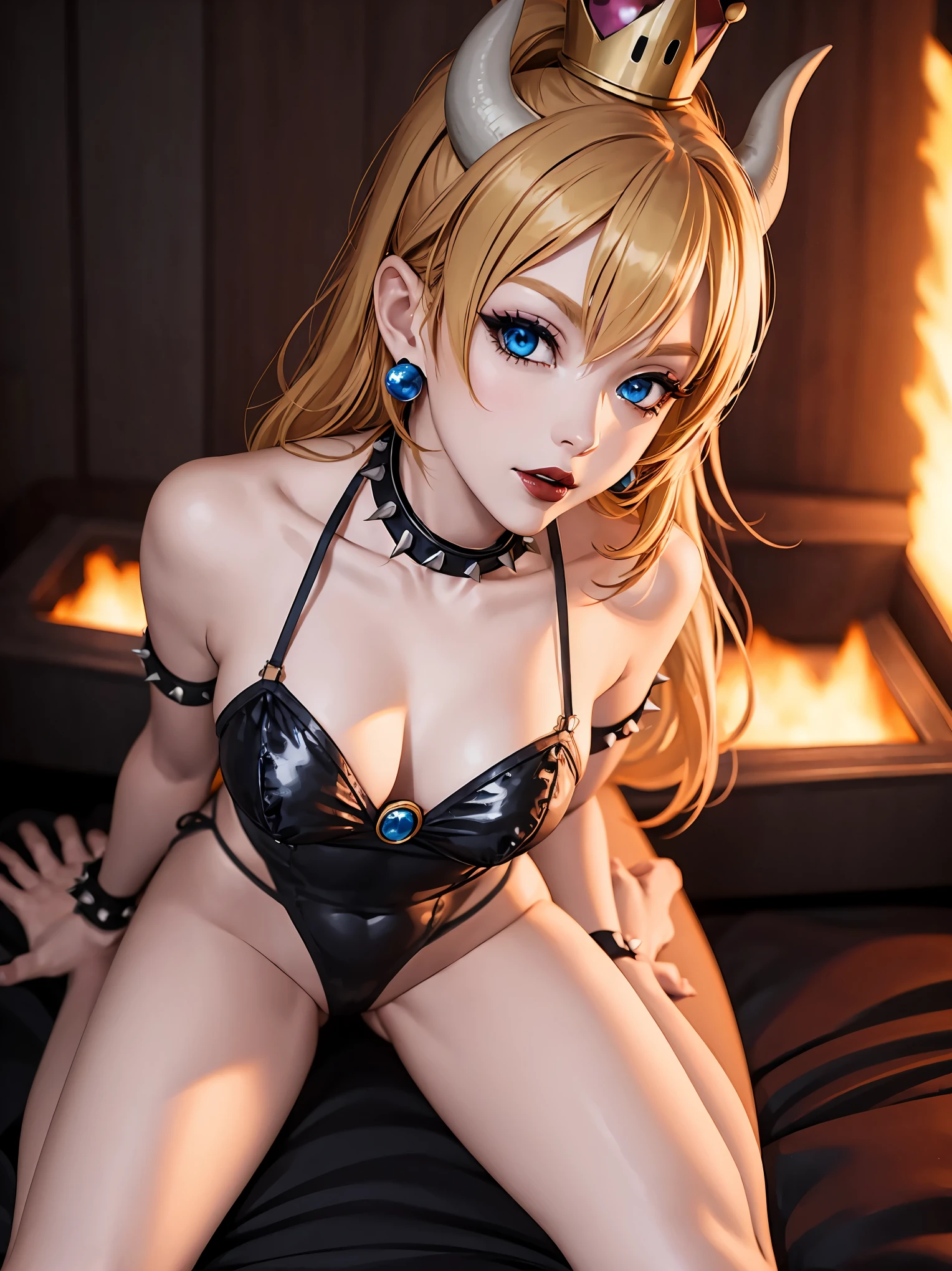 ((high detailed, best quality, 4k, masterpiece, hd:1.3)), ((best quality)), (((HD))), (((8k))), (ultraDH), (ultra HD), Princess Daisy, blue eyes, BREAK blue eyes, seductive, attractive, smooth anime cg art, 36C breasts, long legs, vivid colors, detailed digital art, slim body, perfect skin, dark blonde hair, long hair, blonde hair, blonde hair, BREAK crown, cleavage, 36C cleavage, looking at viewer, BREAK looking at viewer, extremely detailed face, red santa suit, red santa claus suit, santa claus suit, earrings, gem, dark black makeup lips, dark gothic eyeshadows, dark eyeshadows, black eyeshadows, black sexy lips, black lips, (dark:1.2), dark lips, very dark lips, (perfect hands, perfect anatomy), black makeup, black medium lips, black thick lips, detailed fingers, five fingers per hand, 5 fingers, (1 girl), detailed lips, detailed black lips, black painted lips, gothic painted lips, BREAK night, night sky, (breast focus), (arms outstreched:1.2), (from above:1.1), (breasts out:1.3), (off shoulder:1.1), (white horns), (lingerie), inside a lava castle, she inside a sea of lava, she bathing in lava, full body, perfect long legs, perfect foots, legs and foots into the lava,