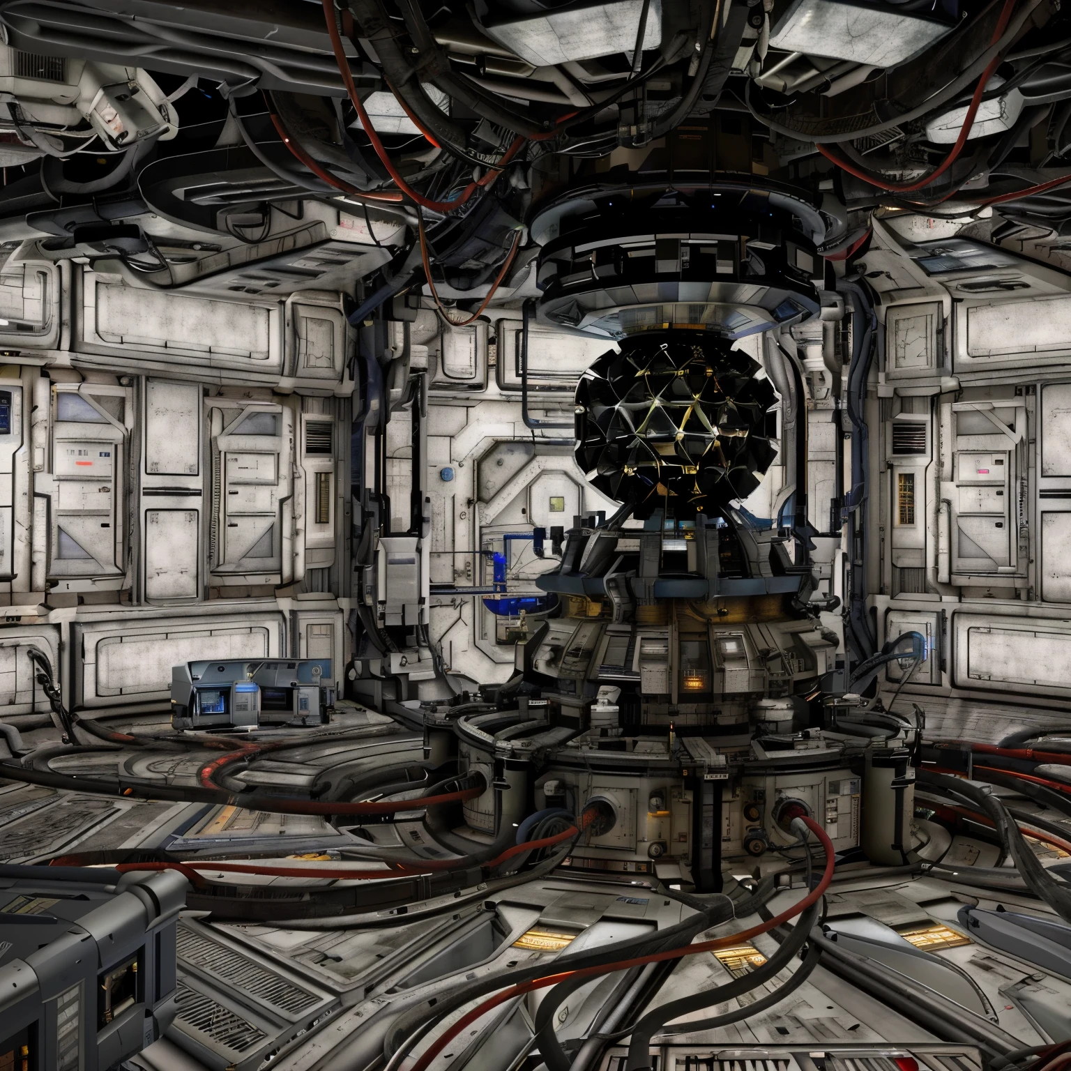 there is a large room with a bunch of wires and a reactor, space station interior, detailed spaceship interior, photo real fusion reactor, hyper realistic fusion room, starship cargo bay, intricate machine in space, room of a spacecraft, engine room on a starship, supernova inside facility, complex detailed environment, sci fi engine room, scifi space station, inside a space ship, spaceship interior