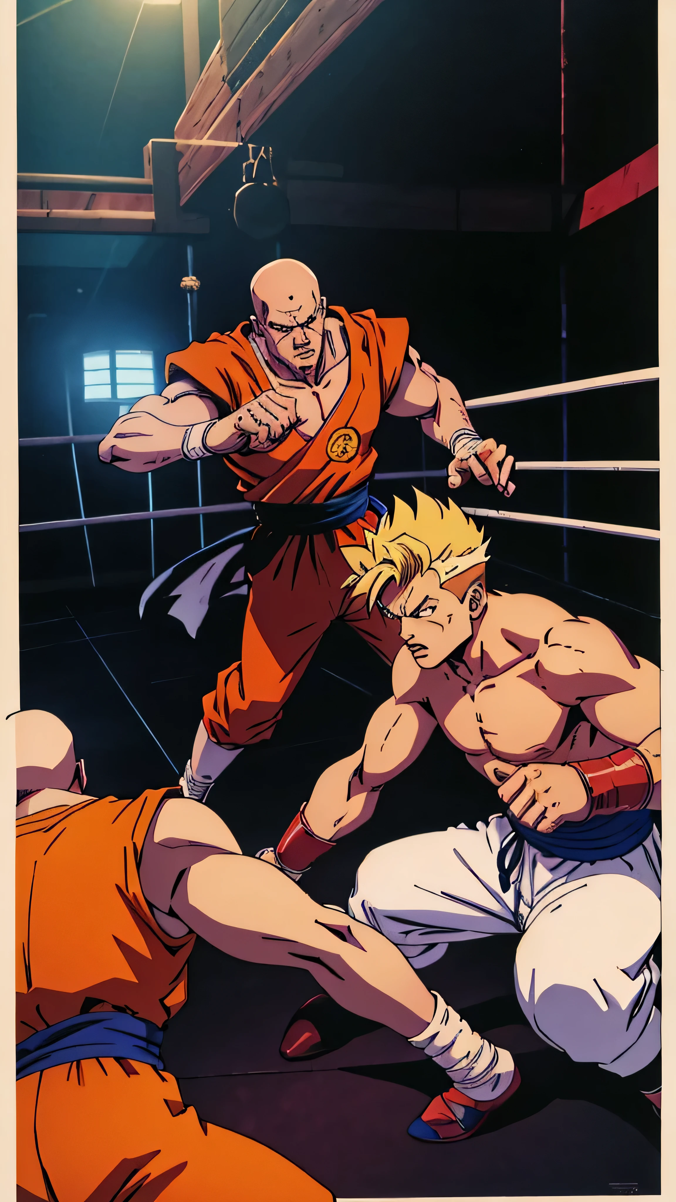 obra de arte, melhor qualidade, ultra-detalheed, illustration, goku versus freeza in a boxing ring,obra de arte, melhor qualidade, ultra-detalheed, illustration, songoku, anatomia perfeita, lutador, filtro de imagem de filme dos anos 80, fotografia dos esportiva anos 80, platei ao fundo, muito detalhada.