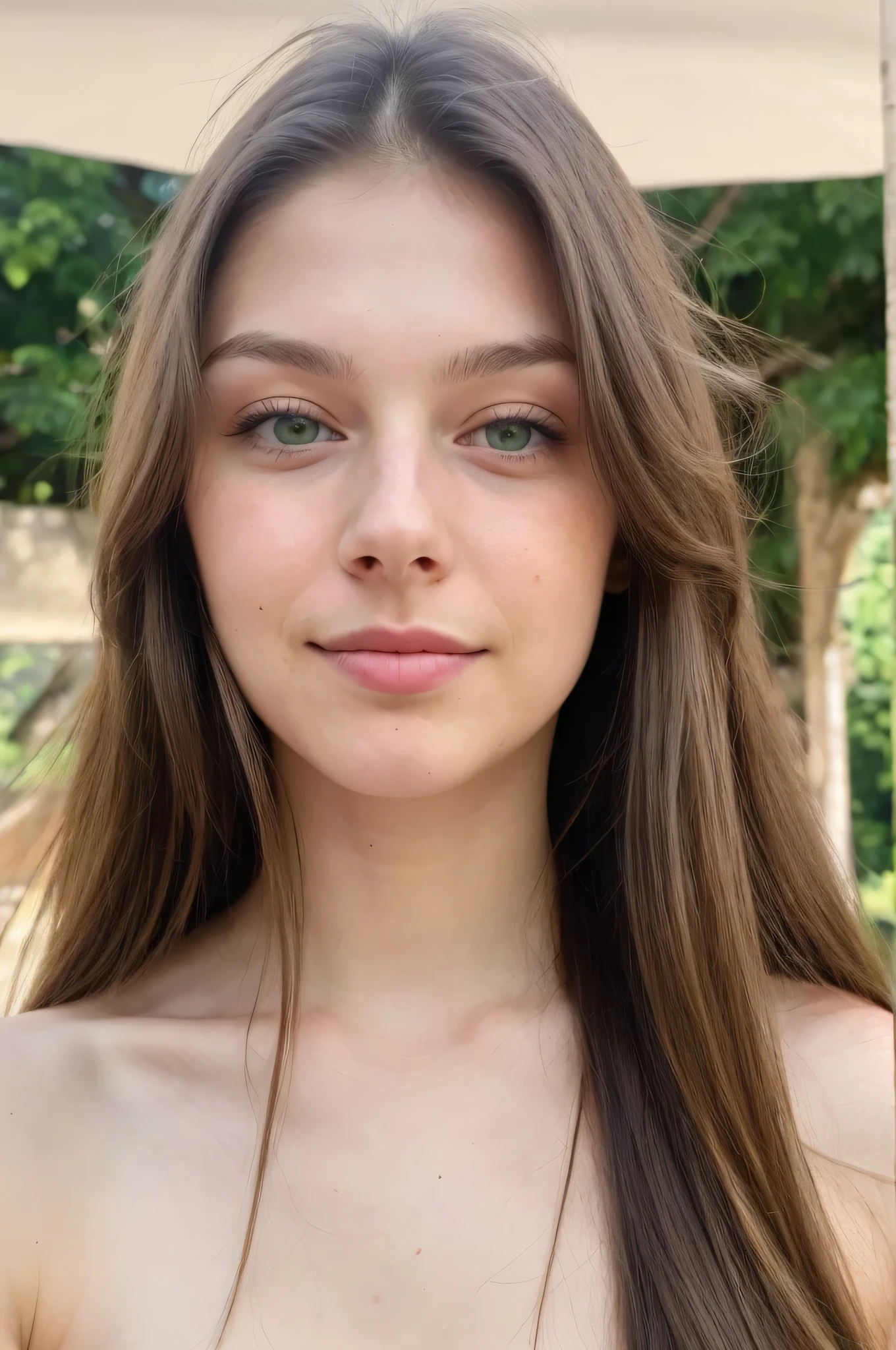 Create a hyper-realistic image of a 20-year-old woman, with dark blue eyes and light blonde hair, long and wavy. Fine white skin with some freckles, and professional makeup (soft shadows, thin eyeliner, voluminous eyelashes, subtle blush, pink lips) to give texture to the face. high cheekbones, defined jaw and non-prominent forehead. Flirty and natural smile. soft and natural lighting. Detailed background of a house (living room or garden) without blurring. Photo taken from a greater distance to capture the well-proportioned body, up to the waist or more. Wear attractive but elegant clothes, that enhances your figure. Use a high-quality camera or professional lens for maximum realism. The face should be as close to a supermodel as possible., with fine and perfect features. Extremely realistic appearance, beautiful and amazing.