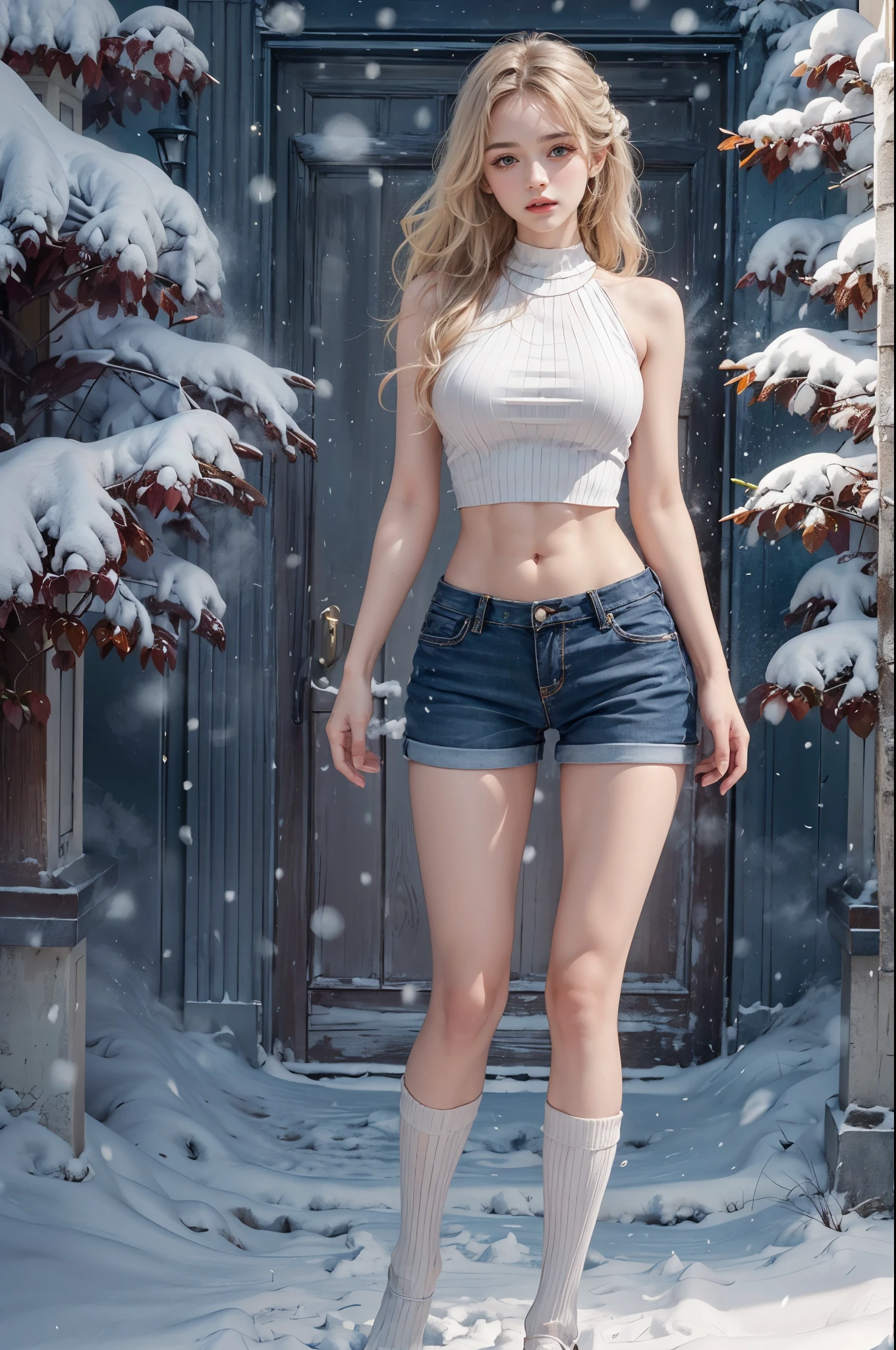 masterpiece, best quality, high quality, High definition, High quality texture, High quality shadow, high detail, beautiful detailed, finely detailed, extremely detailed cg, detailed texture, a realistic representation of the face, realistic, colorful, delicate, sharp focus, (intricate details, makeup, PureErosFace_V1:0.5), (detailed beautiful delicate face, detailed beautiful delicate eyes, a face of perfect proportion, high detailed skin, detailed skin, best ratio four finger and one thumb, skiny and thin:1.3), 1girl, , tall, (smooth_abs:1.55), (abs:0.5), pretty, masterpiece, highres, (long_skinny_legs), (straight_legs), (skinny_waist), (((fair skin))), white skin, (((pale skin))), (Emma_watson), big_breast, (((Caucasian))), Light blonde hair, orange Bandeau, orange short pleated skirt, standing legs apart, looking at viewer, full body, portrait of cute blonde girl, (outside,Heavy snowfall, Cover with snow), ((crop top)), showing abdomen, showing abs, snowfield, bloom, white fog, motion, wispy hair, realism, high-quality rendering, stunning art, high quality, film grain, Fujifilm XT3, dreamy