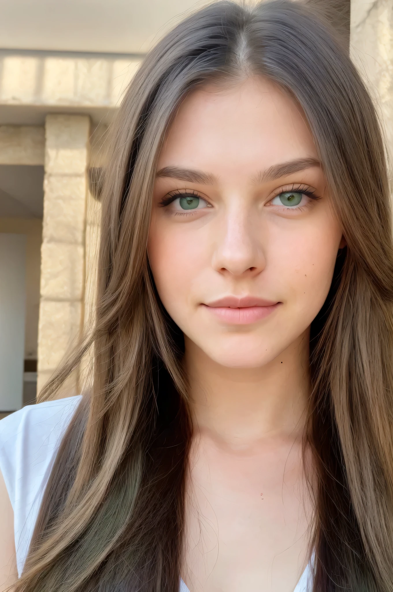 cheveux longs, yeux verts, visage innocent (vue frontale, vue de face) 25 ans, belle peau et visage, visage ultra naturel,