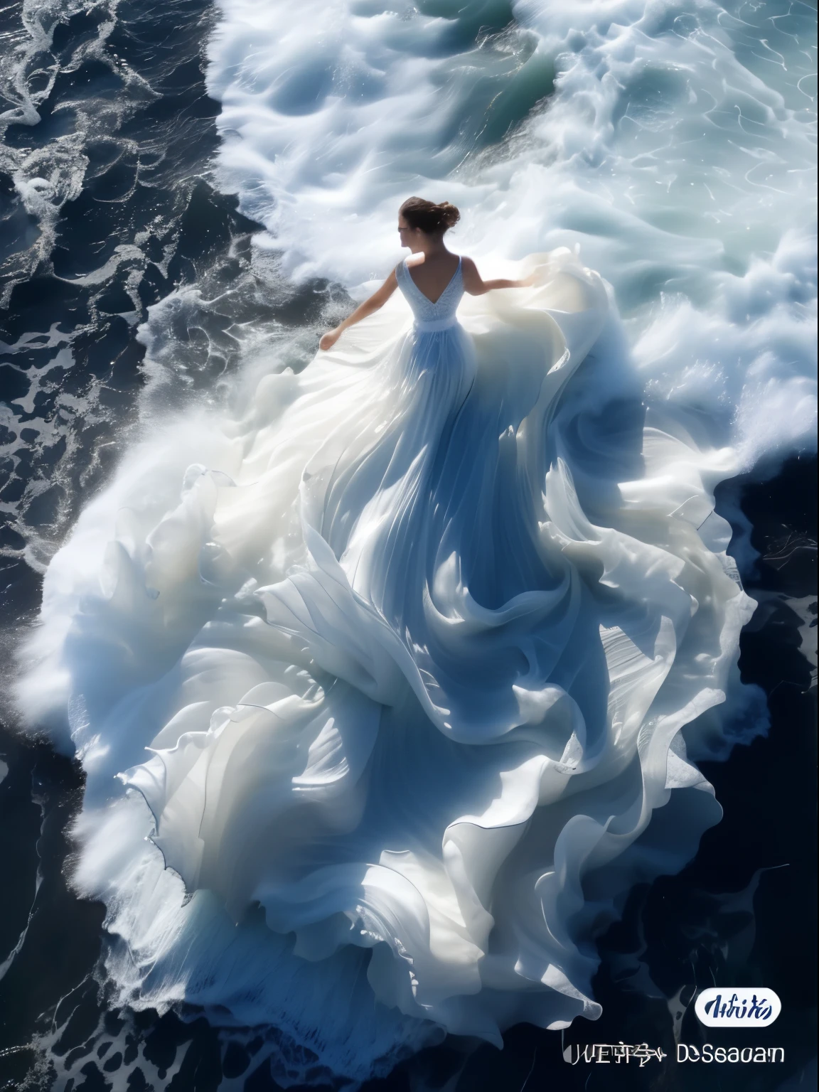 Arad woman in flowing dress standing on the waves of the sea, Wearing a skirt made of water, deusa do mar, flowing dress, Deusa do Mar, ondas crescentes, wearing white flowing dress, lindo tecido fluido, incredible waves, fotos impressionantes, flowing white robes, usando vestidos lindos