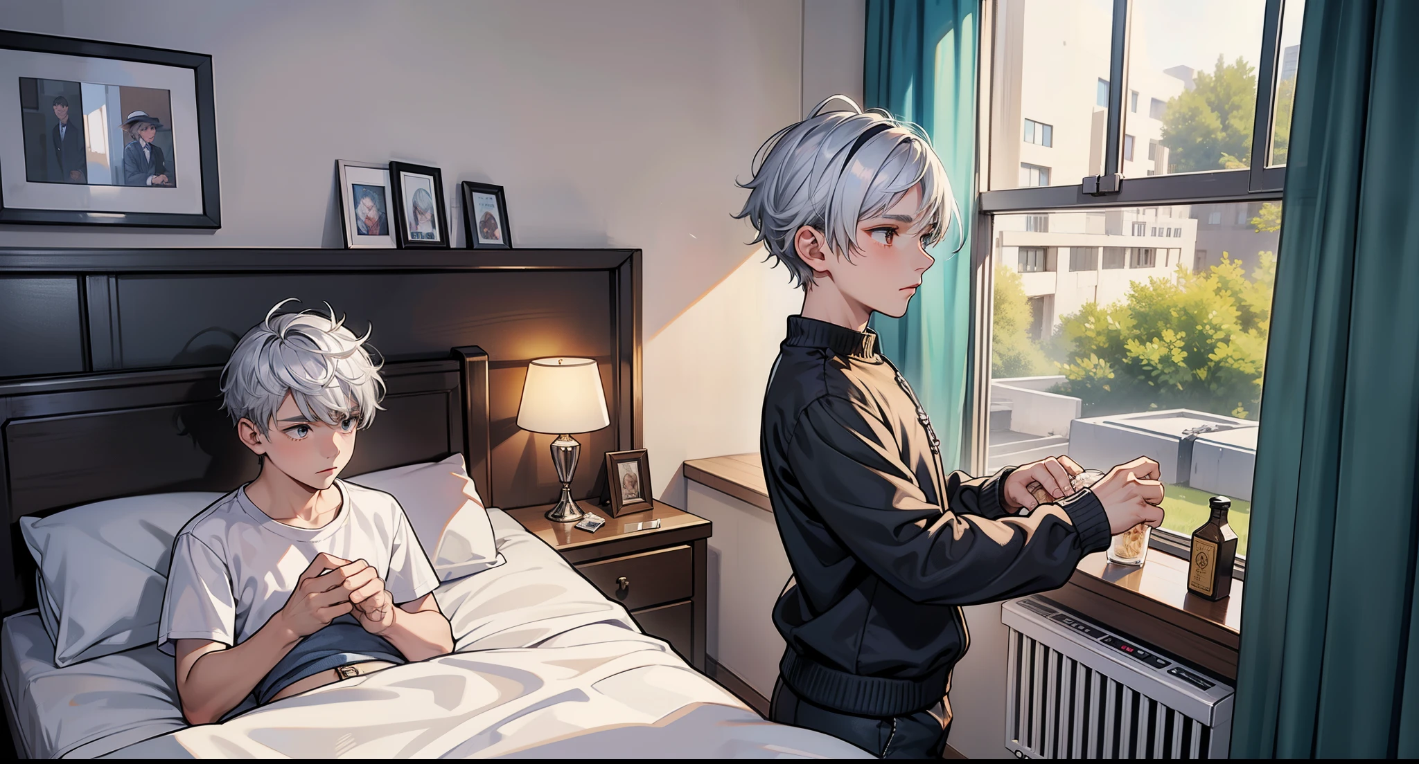 dos chicos, Silver-haired boy, they are 17 years old, they are brothers, they are talking, they are sad.