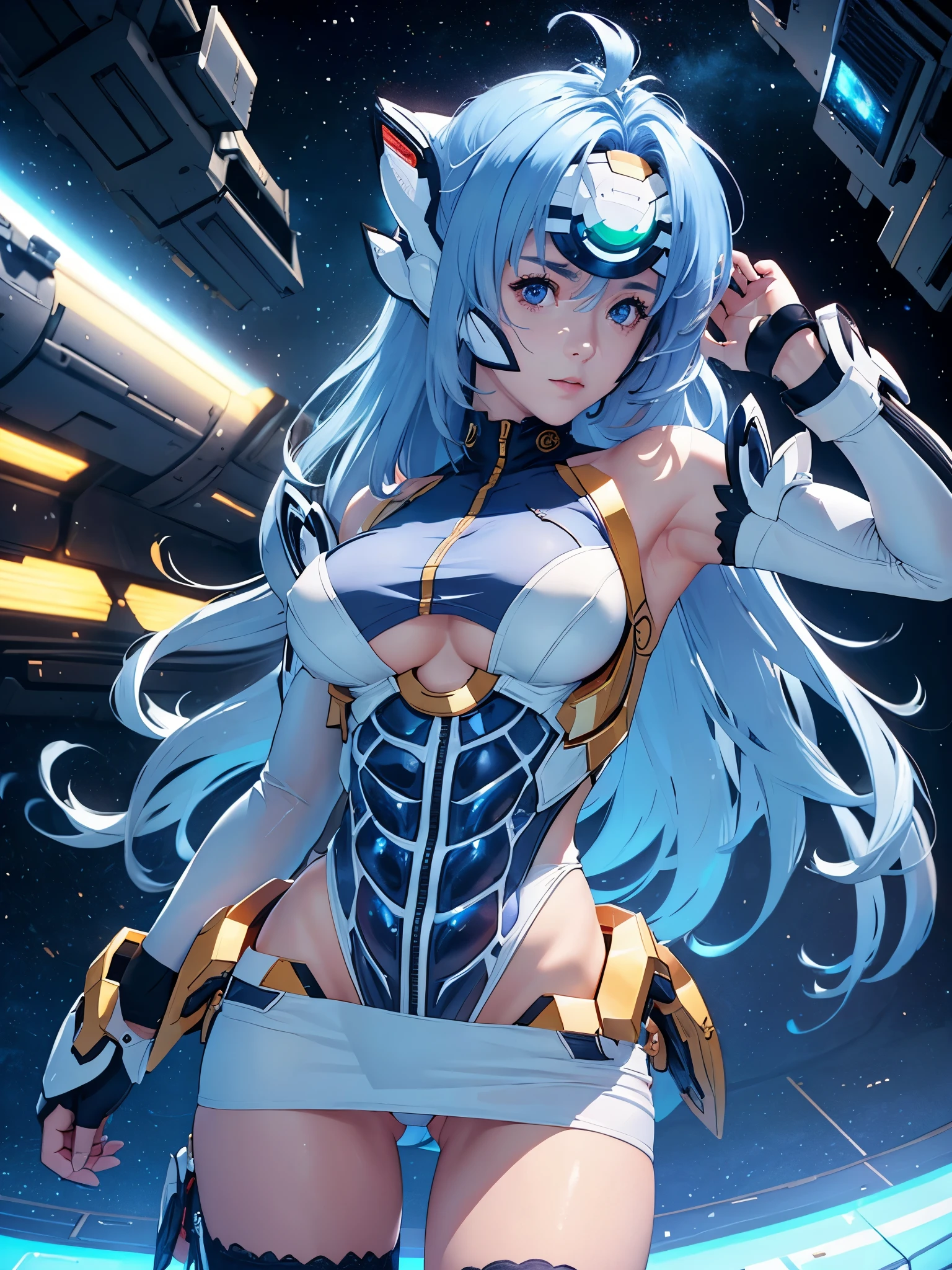 (masterpiece:1.3), (8K、photorealistic, Raw photo, best quality:1.4), (solo), one girl, (((kos-mos))), beautiful face, Beautiful face with perfect symmetry, cute face, (smile,) (beautiful light blue long hair), With bangs, There is a visor on the forehead, beautiful purple eyes, perfect anatomy, (high detail skin: 1.2), natural breast, beautiful thighs, Natural buttocks, white costume, mini skirt, costume with open chest, outer space, (Inside the spacecraft), ((lean forward and look into the camera&#39;s viewfinder)), perfect lighting, focus only, perfect anatomy,Front view,