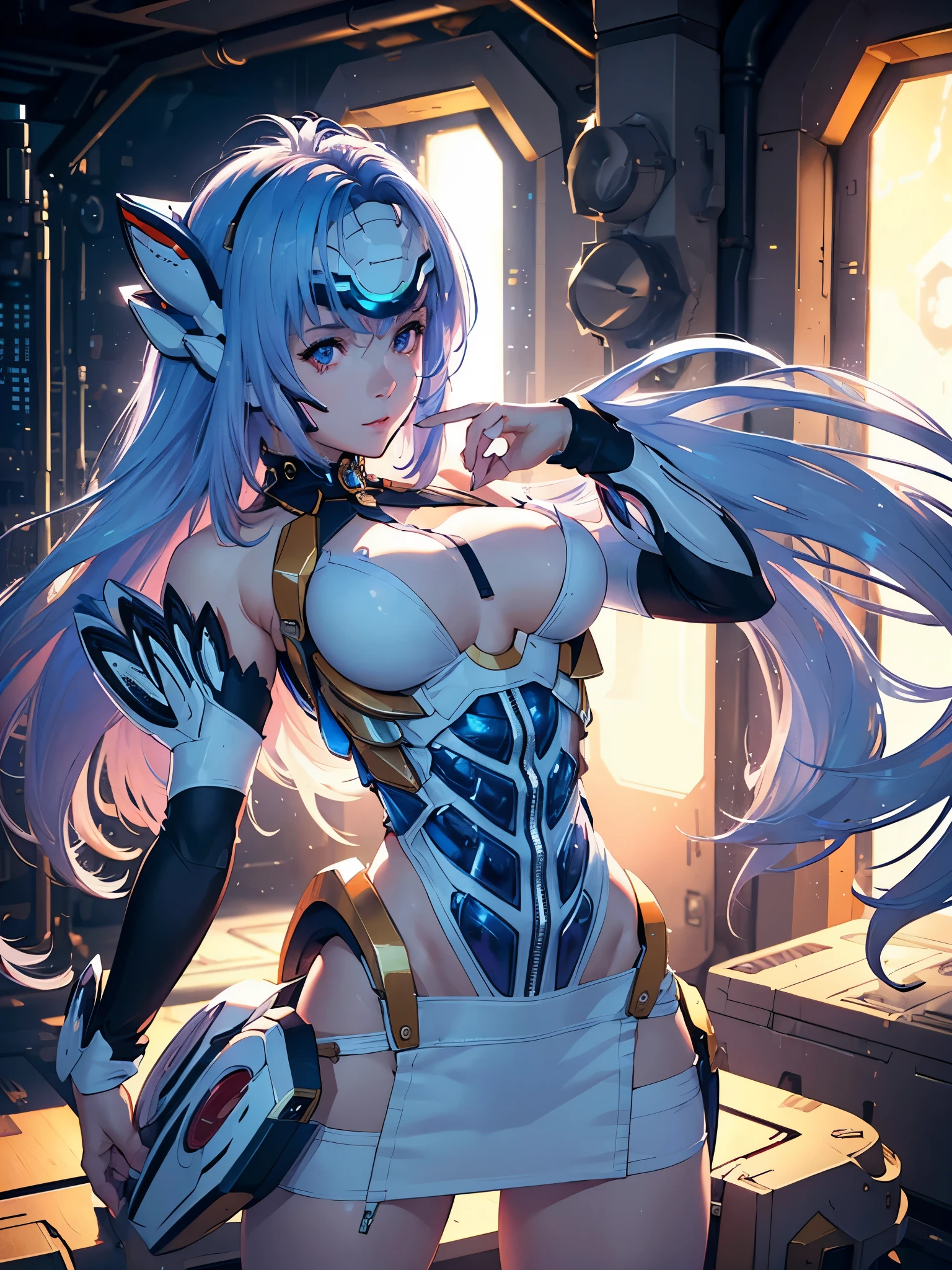 (masterpiece:1.3), (8K、photorealistic, Raw photo, best quality:1.4), (solo), one girl, (((kos-mos))), beautiful face, Beautiful face with perfect symmetry, cute face, (smile,) (beautiful light blue long hair), With bangs, There is a visor on the forehead, beautiful purple eyes, perfect anatomy, (high detail skin: 1.2), natural breast, beautiful thighs, Natural buttocks, white costume, mini skirt, costume with open chest, outer space, (Inside the spacecraft), ((lean forward and look into the camera's viewfinder)), perfect lighting, focus only, perfect anatomy,Front view,