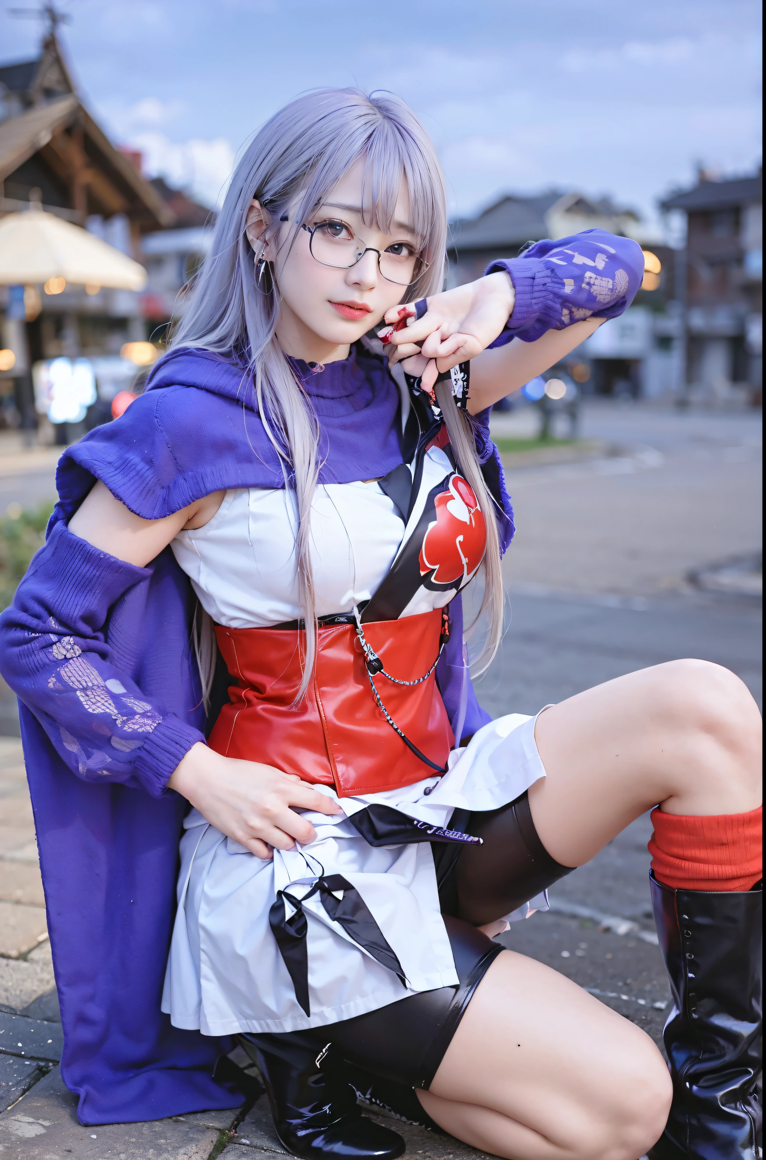 (​masterpiece:1.3)、(top-quality:1.0)、(ultra-detailliert:1.5),(8K:1.0)、(Raw photography)、(realisitic)、(photoRealstic:2.0)、Girl with long blue hair looking at camera,（（Wearing glasses with red frames：2.0））、（Wearing glasses with square frames）、 （Beautie：1.5）、（Golden Ratio Face：1.5）、Sexy face、（Eye color is blue）、（blue iris）、(Wearing glasses with red frames：1.5)、（Wearing glasses with square frames：2.5）、（Hair color is blue：2.0）、Women with a slender body overall、Slim woman、large breasts, shiro from deadman wonderland, shiro takatani, Misato Katsuragi, 2 d anime style, a female anime character, Anime Character, portrait knights of zodiac girl, yoko taro, anime girl of the future, from evangelion, Portrait of a female anime hero, Zero Two, ( Evangelion )、sexy facial expression、thin lipss、small mouth、a small nose、The background is a castle town in Edo、castle town、Lots of neon lights