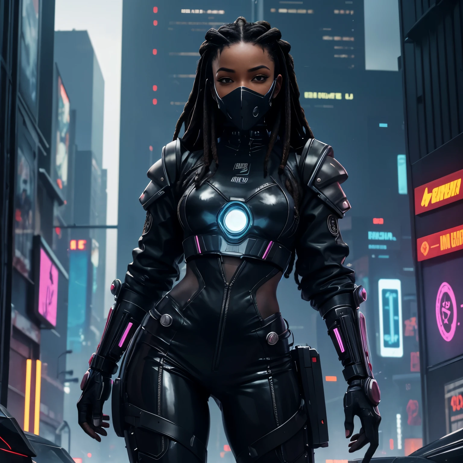 femme noire, sweat à capuche, dreadlocks, cheveux blancs, latex, sur le toit, Android, néons, Cyberpunk city, hyper réaliste, meilleure qualité, mécha, androïde, Cyberpunk, Cyber, Science-fiction, Cyber armor, Style évangélique, Cyber arm, corps féminin musclé, Cyber gaz mask on, holding a Cyber gun, Futuristic Cyberpunk city, 