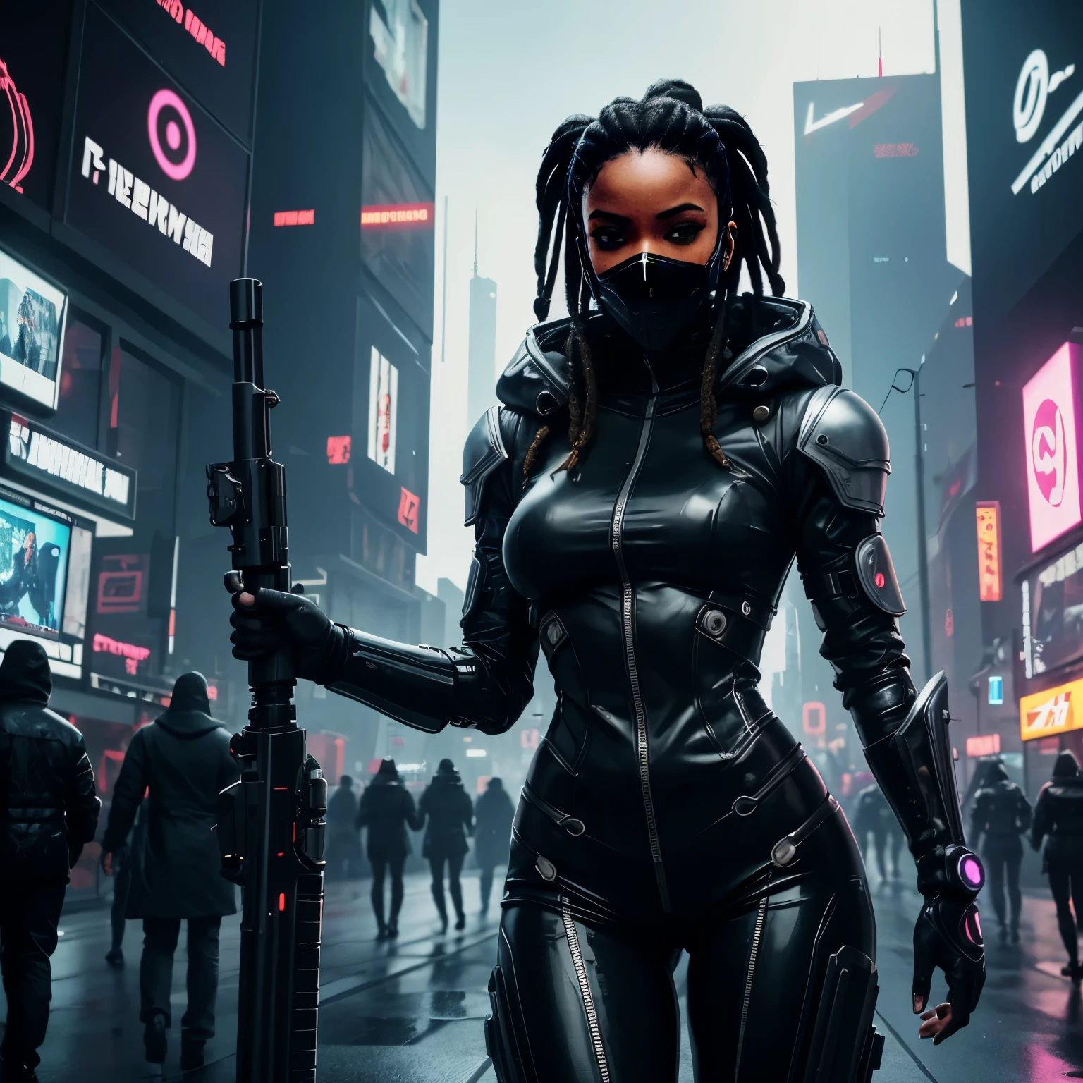 femme noire, sweat à capuche, dreadlocks, cheveux blancs, latex, sur le toit, Android, néons, Cyberpunk city, hyper réaliste, meilleure qualité, mécha, androïde, Cyberpunk, Cyber, Science-fiction, Cyber armor, Style évangélique, Cyber arm, corps féminin musclé, Cyber gaz mask on, holding a Cyber gun, Futuristic Cyberpunk city,