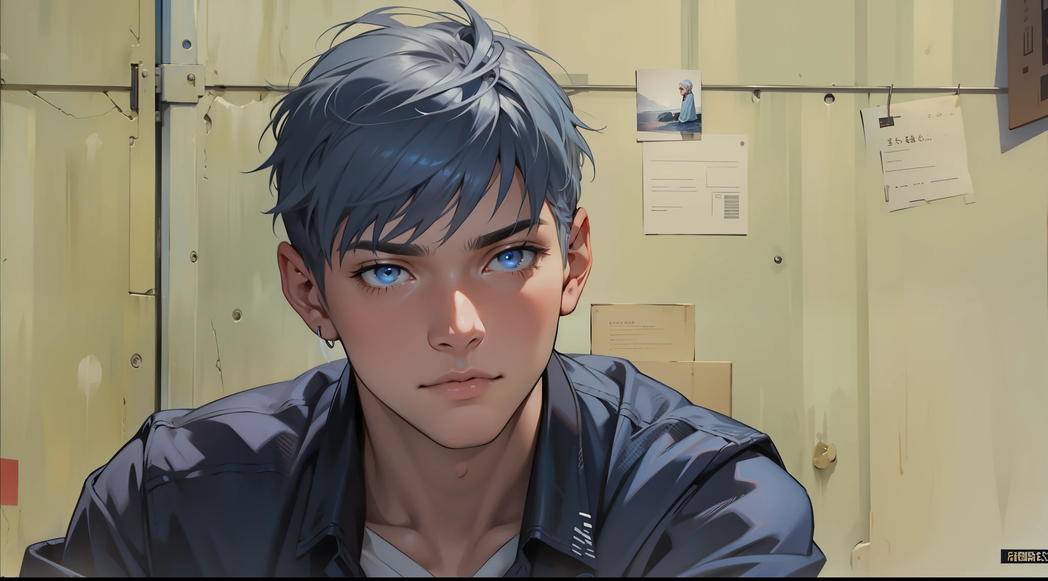 beautiful 16 year old man silver hair blue eyes is talking to someone