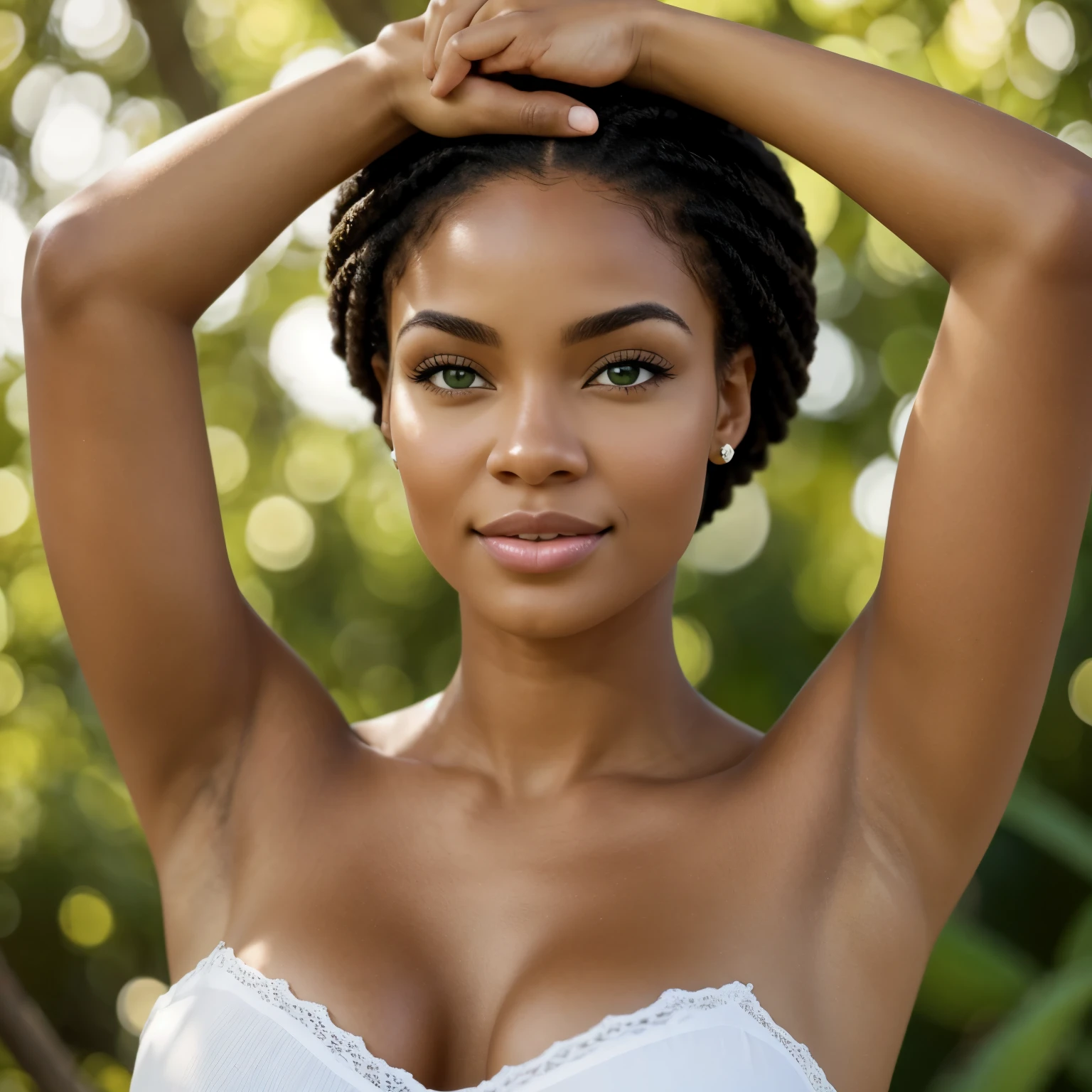 mulher negra, pele escura, olhos castanhos, idade 21 anos, andando na floresta, cabelos longos, sorriso branco, olhar sedutor