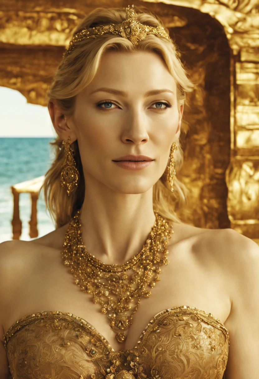 (cate blanchett, 30 years old woman), is a bikini clad seductress with many jewels on golden chains accentuating her curves, lots of alluring henna body paint, in a Conan movie, she is on a moonlit beach with a lavish silken bed and jewel pavilion, she is walking past the viewer and looking back over her shoulder, mesmerizing, hypnotic, alluring, zoom out, show entire body, show all of her, no nudity, safe for work, proper anatomy, double check anatomy