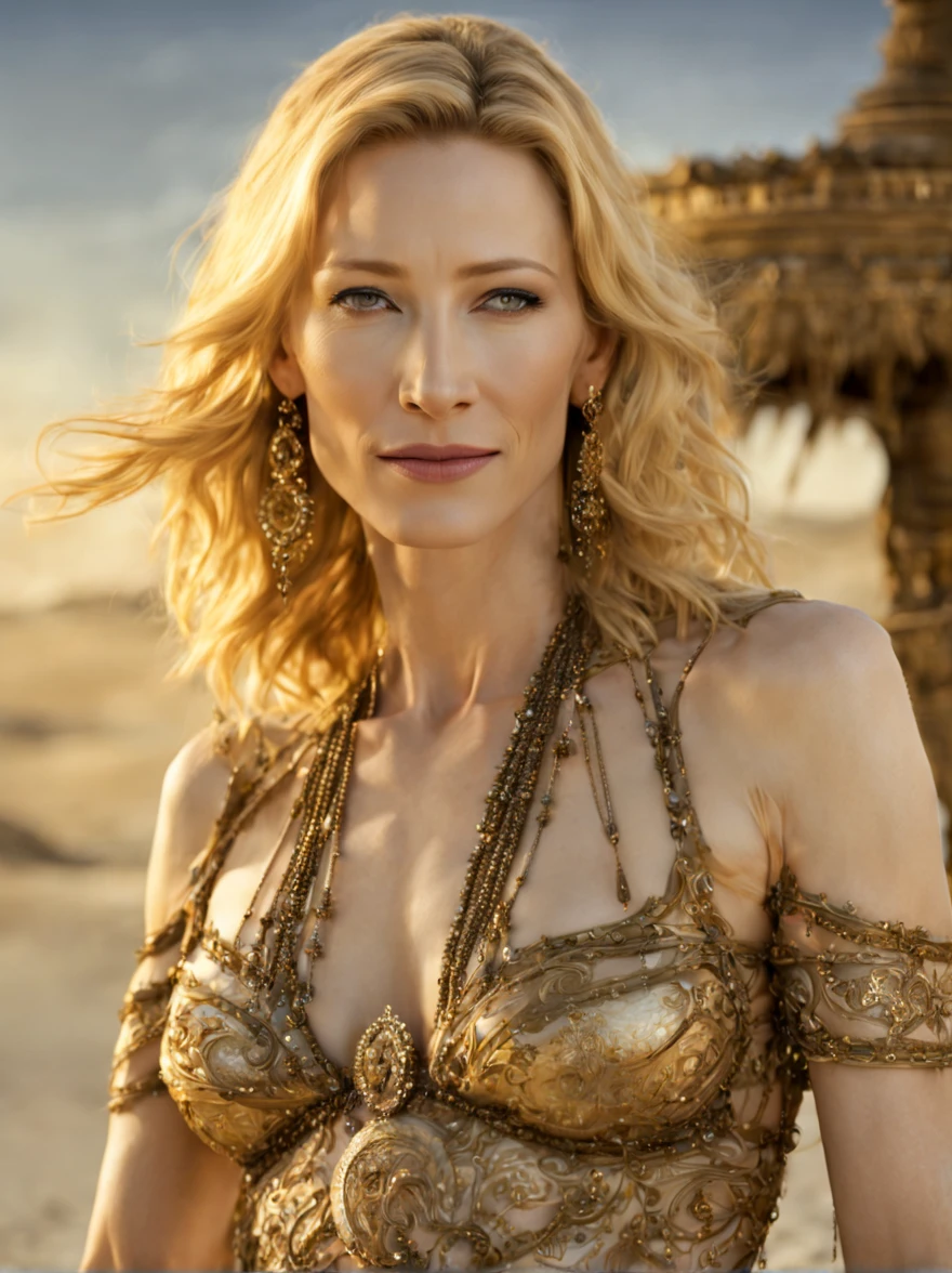 (cate blanchett, 30 years old woman), is a bikini clad seductress with many jewels on golden chains accentuating her curves, lots of alluring henna body paint, in a Conan movie, she is on a moonlit beach with a lavish silken bed and jewel pavilion, she is walking past the viewer and looking back over her shoulder, mesmerizing, hypnotic, alluring, zoom out, show entire body, show all of her, no nudity, safe for work, proper anatomy, double check anatomy